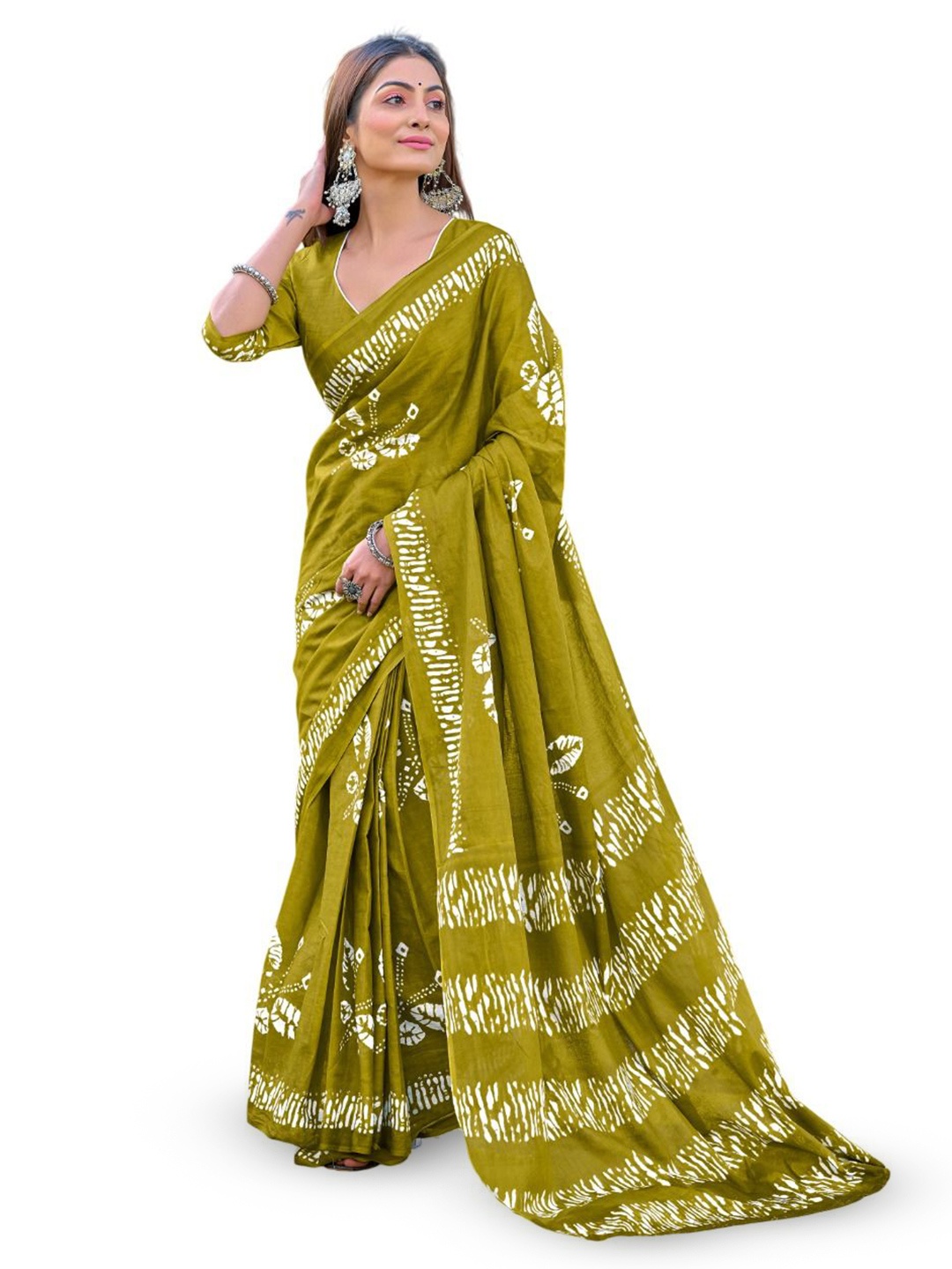 

HMP Fashion Batik Ikat Saree, Olive