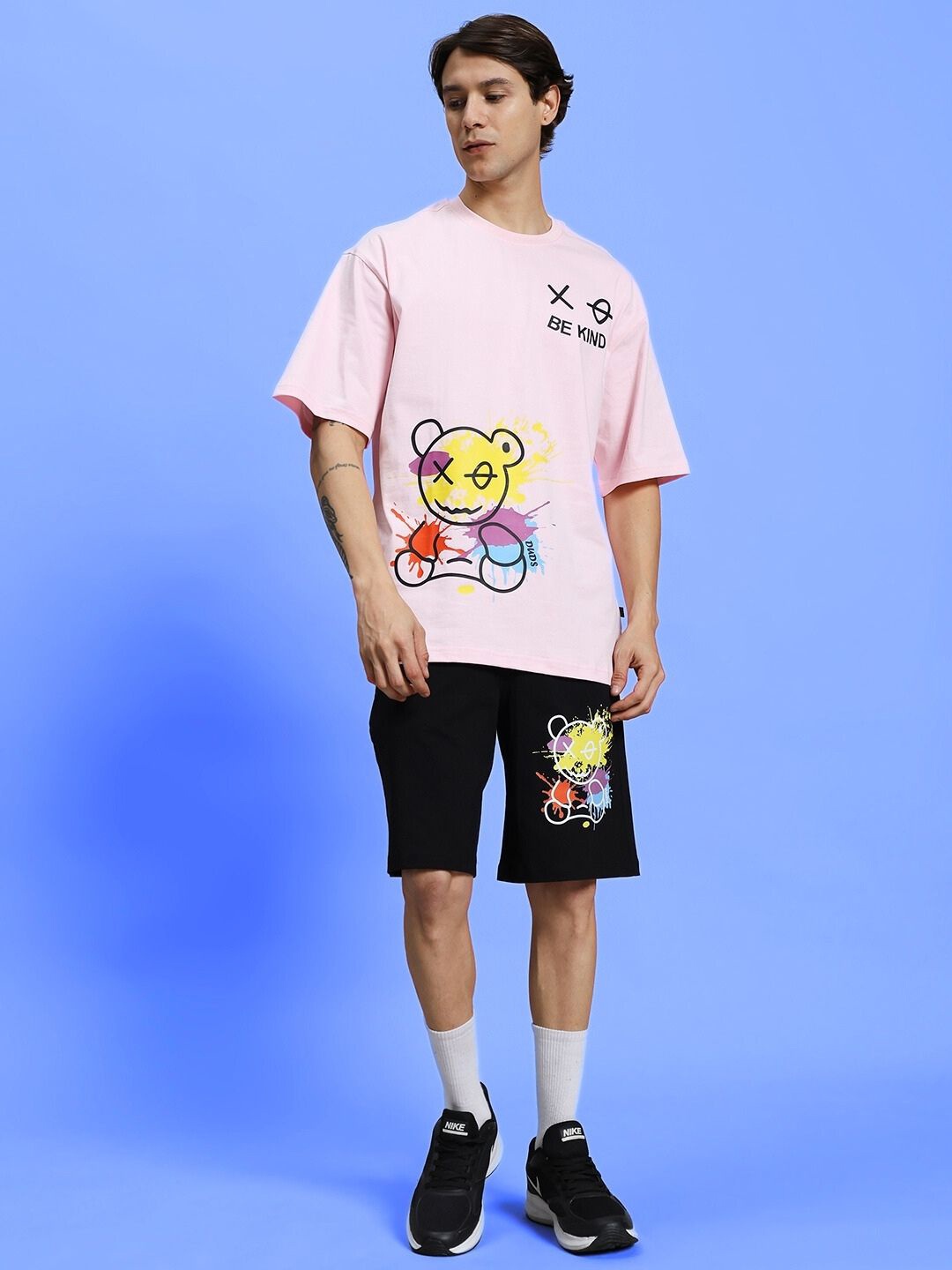

WEARDUDS Be Kind Summer Printed Pure Cotton Round Neck T-Shirt With Shorts Co-Ords, Pink