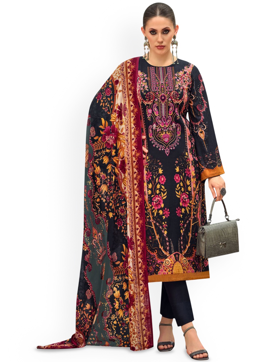 

DRAVINAM Trends Embroidered Pure Cotton Unstitched Dress Material, Black