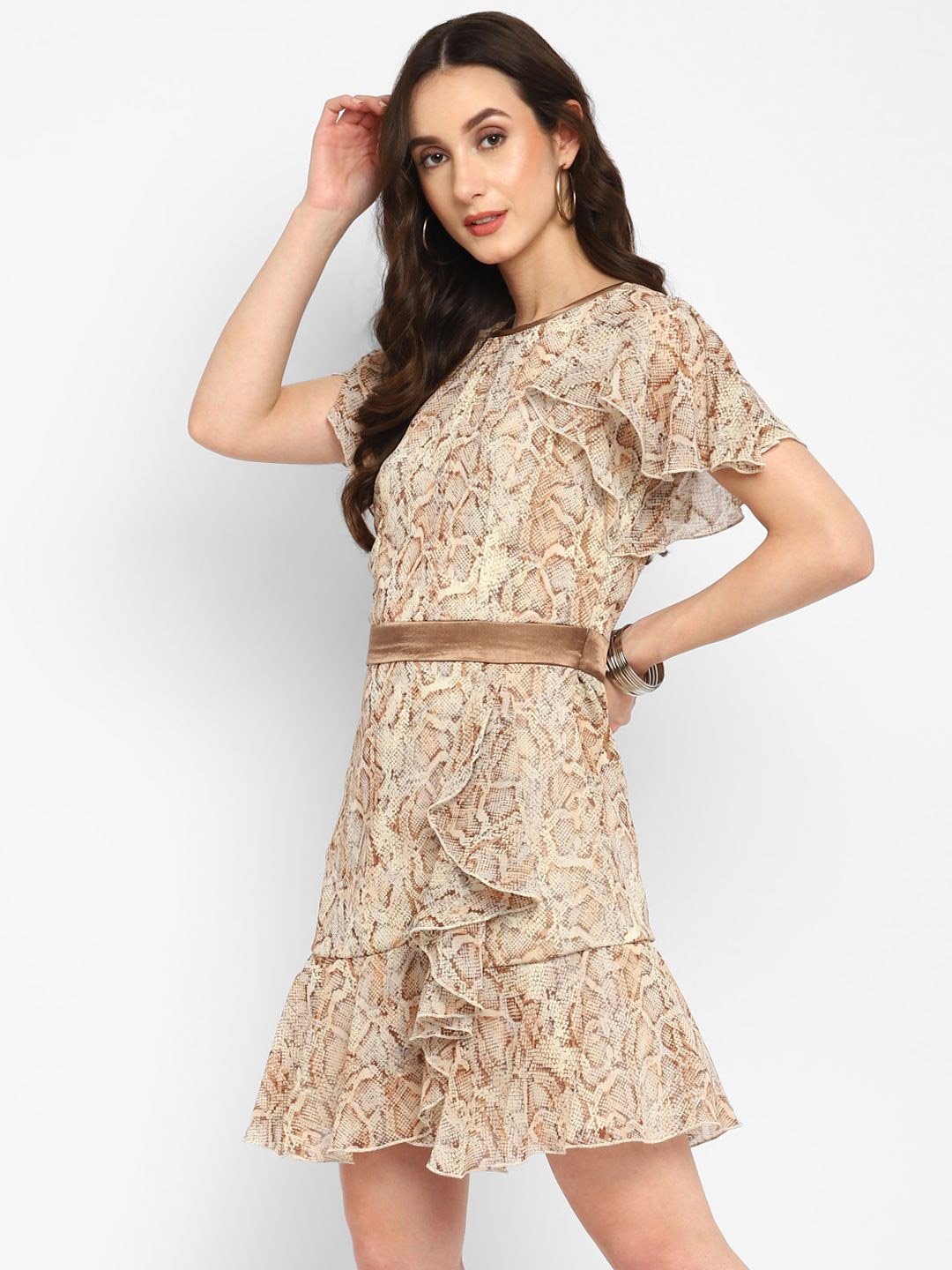 

Taurus Floral Print Flutter Sleeve Fit & Flare Dress, Brown