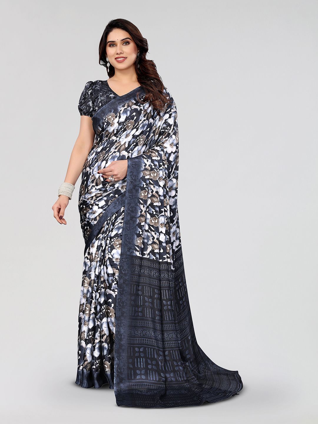 

Moda Rapido Floral Silk Blend Saree, Grey