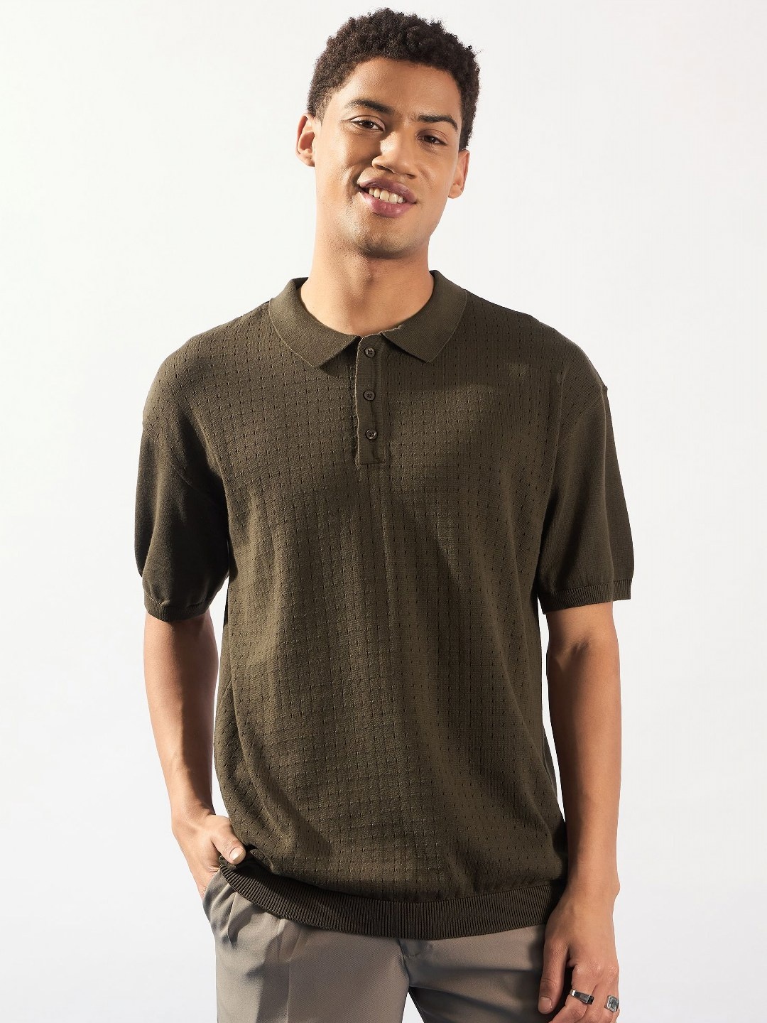 

DENNISON Oversized Polo Collar Knitted T-Shirt, Brown
