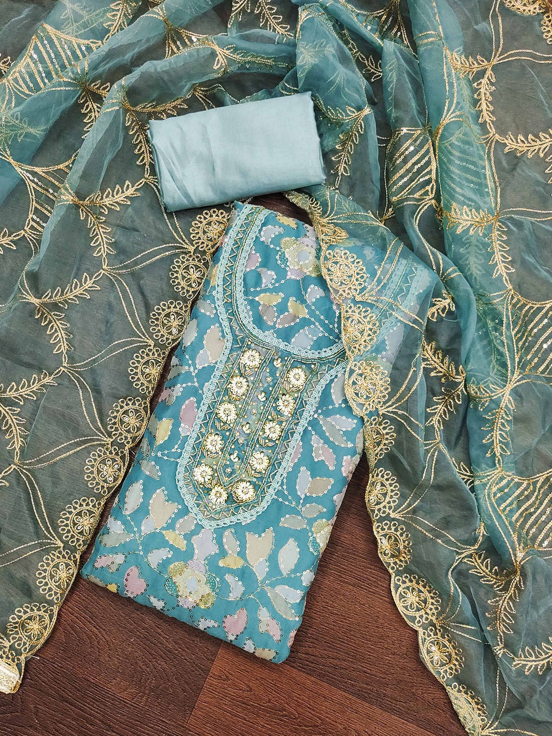 

SHADOW & SAINING Embroidered Organza Semi-Stitched Dress Material, Teal