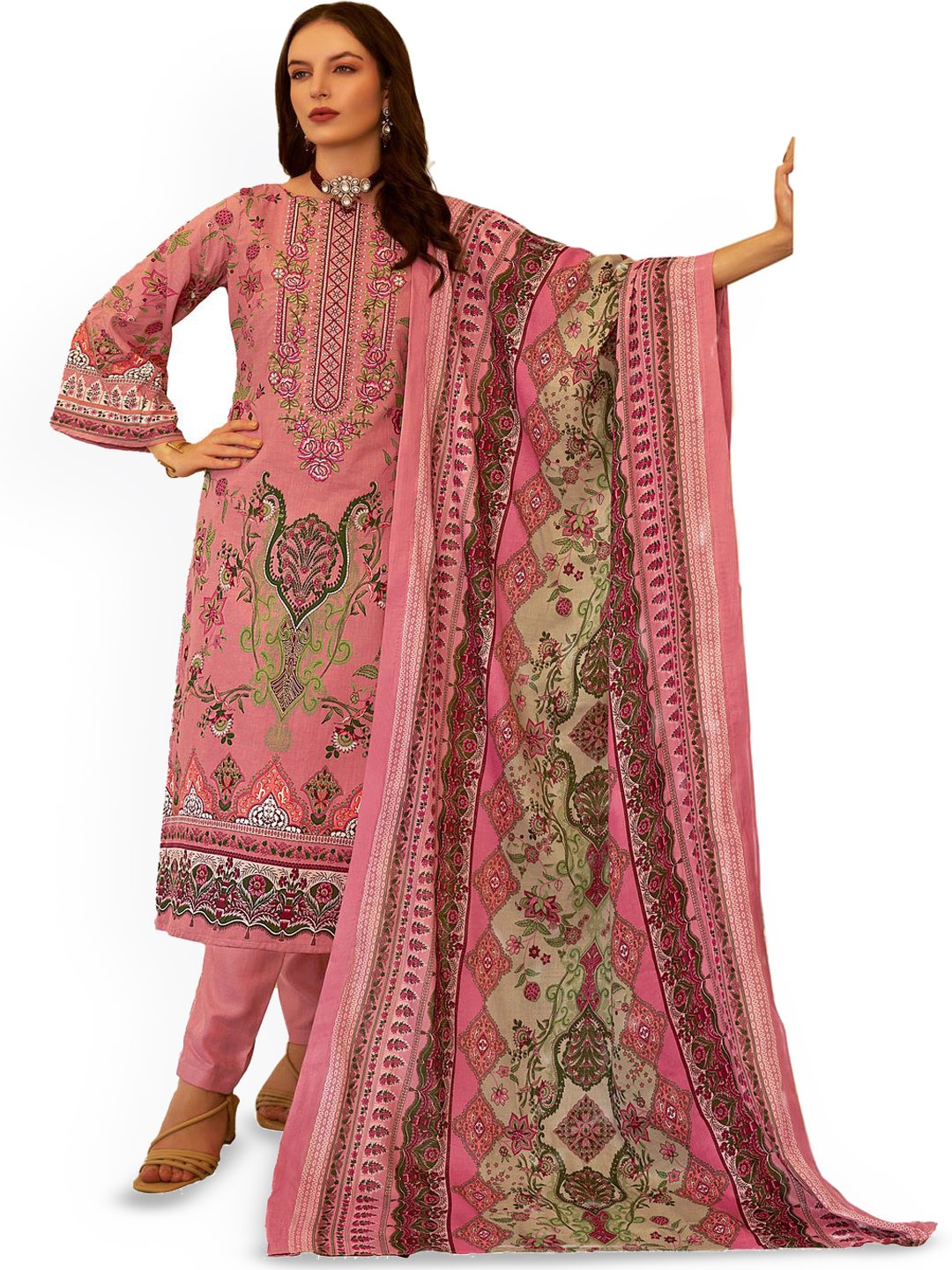 

DRAVINAM Trends Embroidered Pure Cotton Unstitched Dress Material, Pink