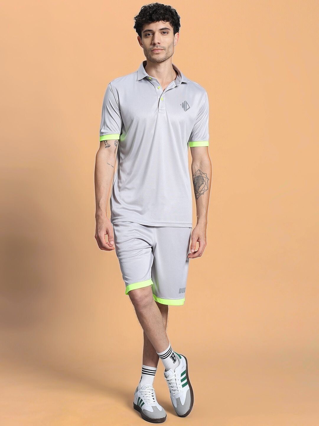 

WEARDUDS Printed Pure Cotton Polo Collar Neck T-Shirt With Shorts Co-Ords, Grey
