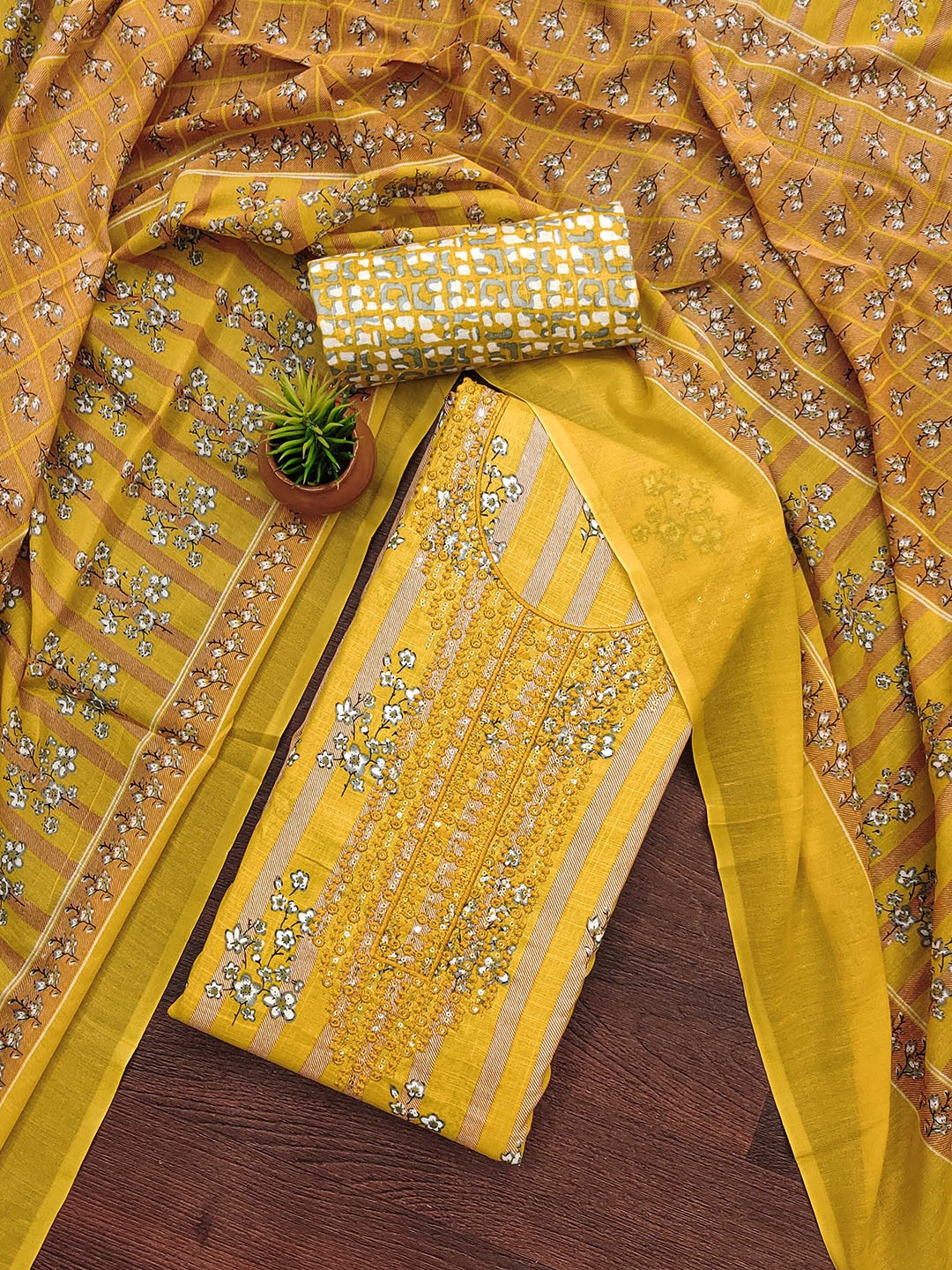 

SHADOW & SAINING Embroidered Pure Cotton Unstitched Dress Material, Mustard