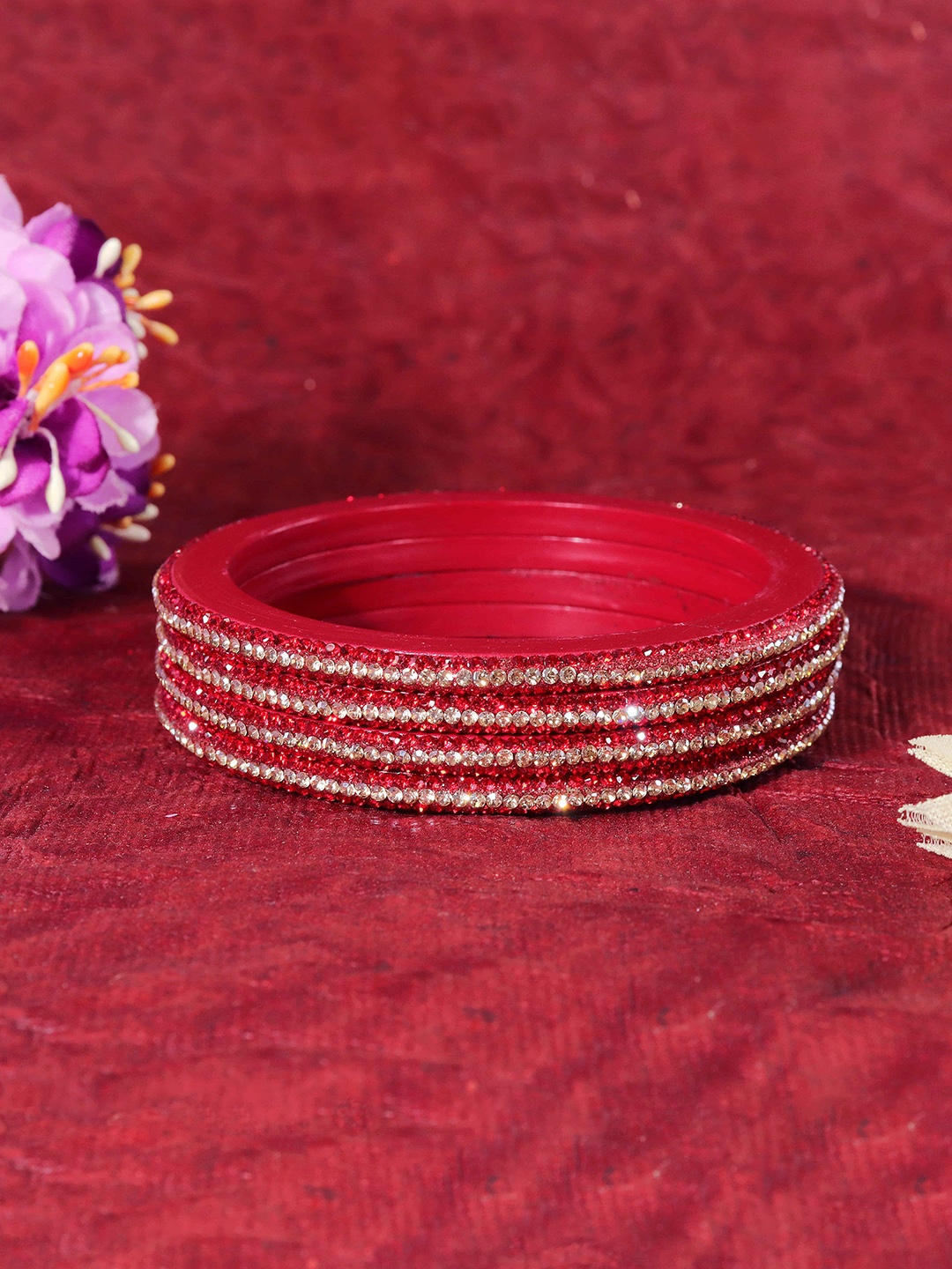 

ZULKA Set Of 8 Zircon Diamond -Studded Kada Bangles, Red