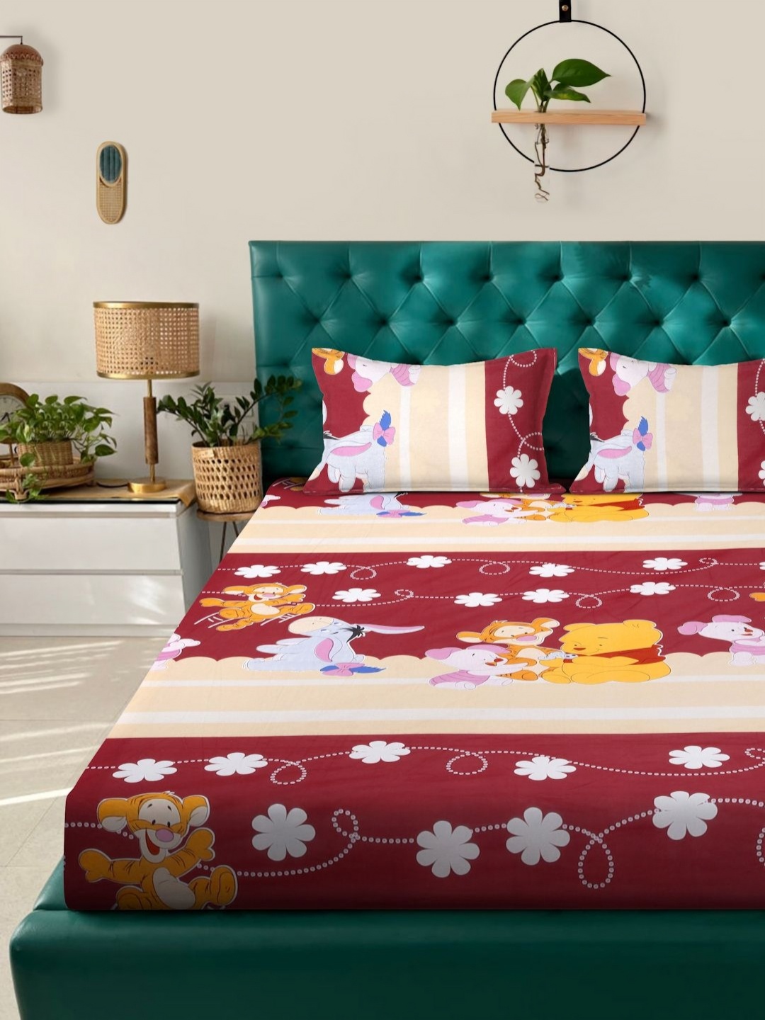 

Myntra Elegant Homes Red & Yellow Cartoon Characters 400 TC King Bedsheet with 2 Pillow Covers