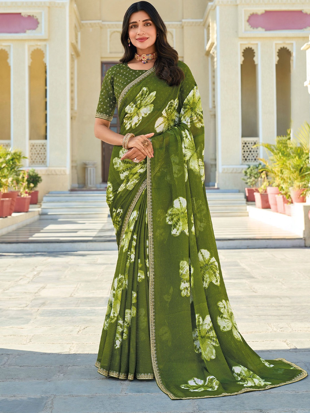 

Laxmipati Floral Embroidered Poly Chiffon Designer Saree, Green