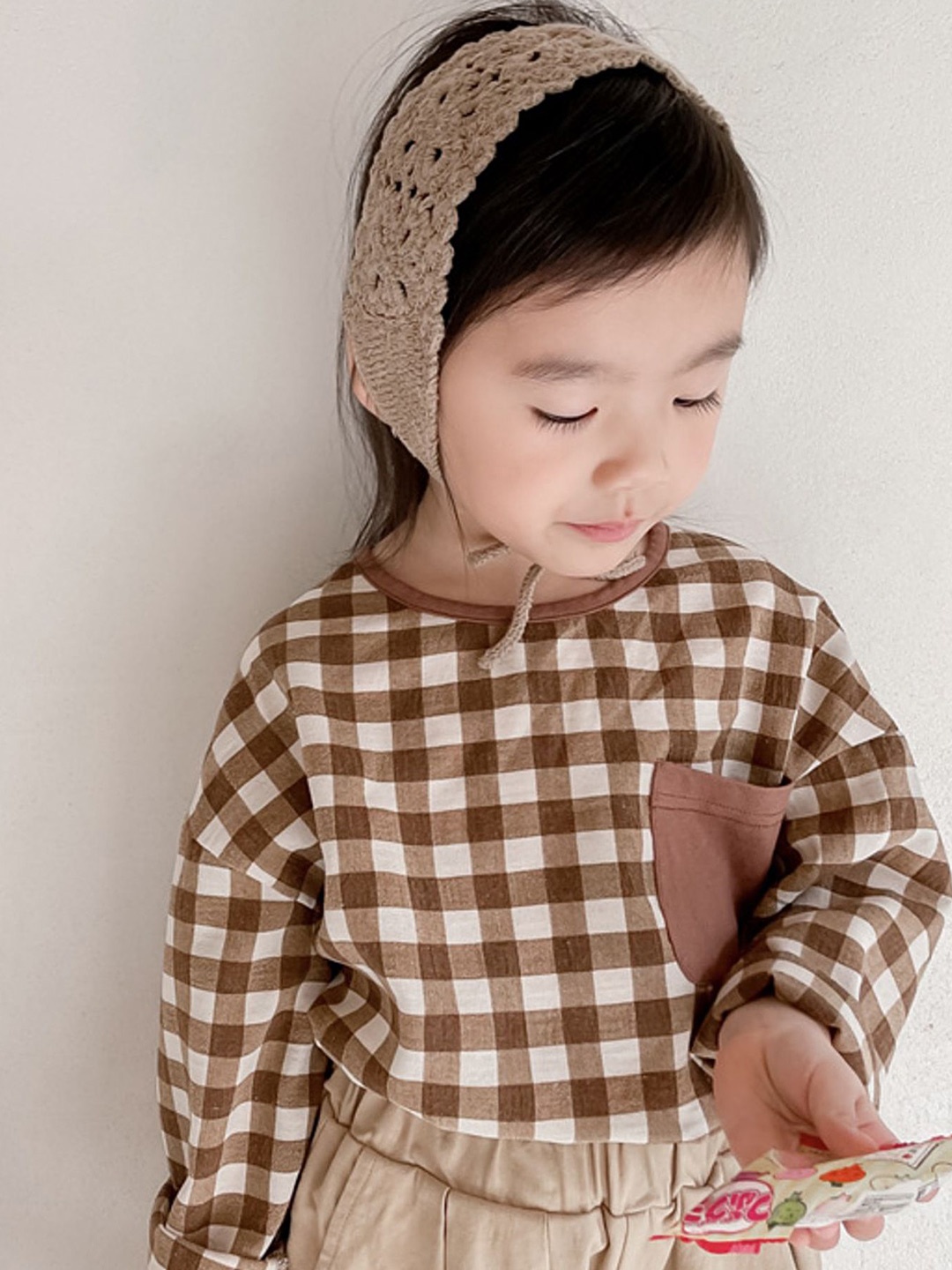 

LULU & SKY Checked Extended Sleeves Cotton Top, Brown