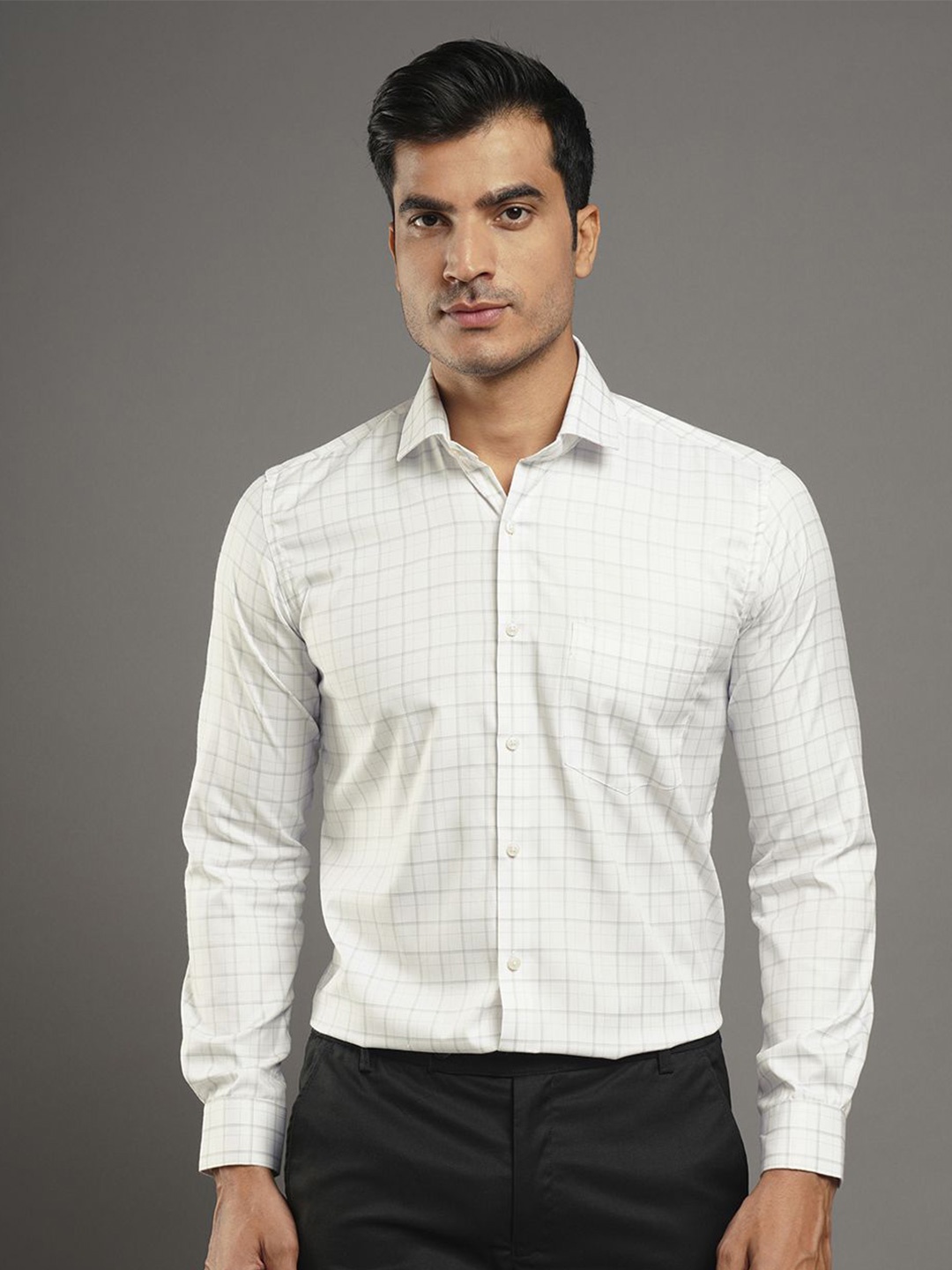 

John Philips Men Slim Fit Grid Tattersall Checks Opaque Checked Formal Shirt, Grey