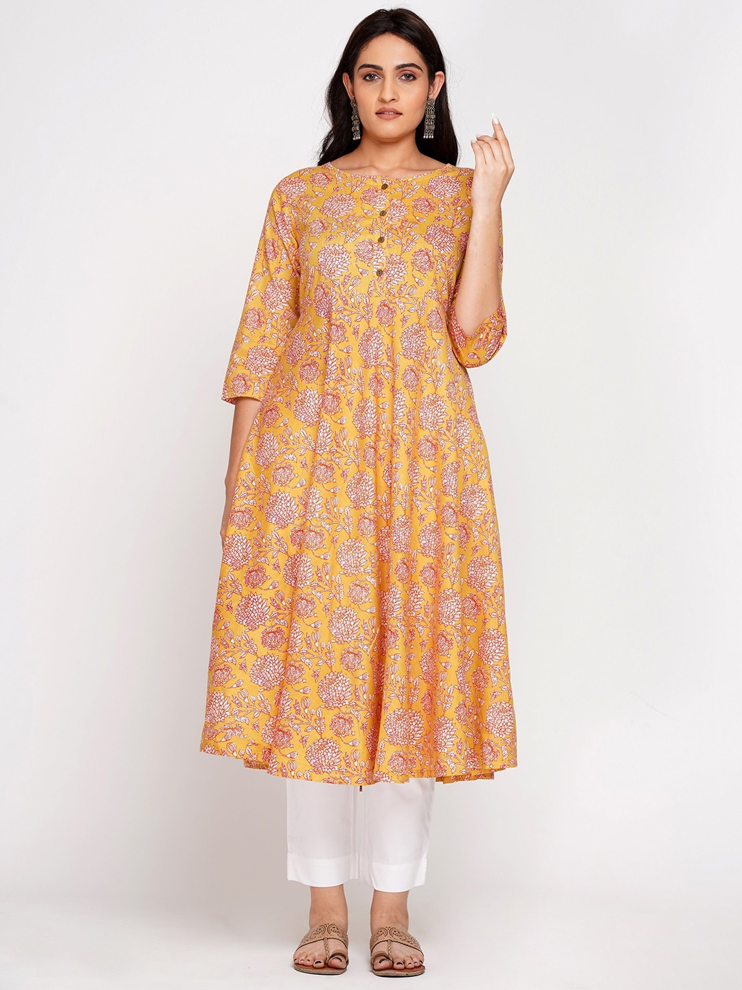 

BABRU Women Floral Printed Mirror Work Anarkali Kurta, Yellow