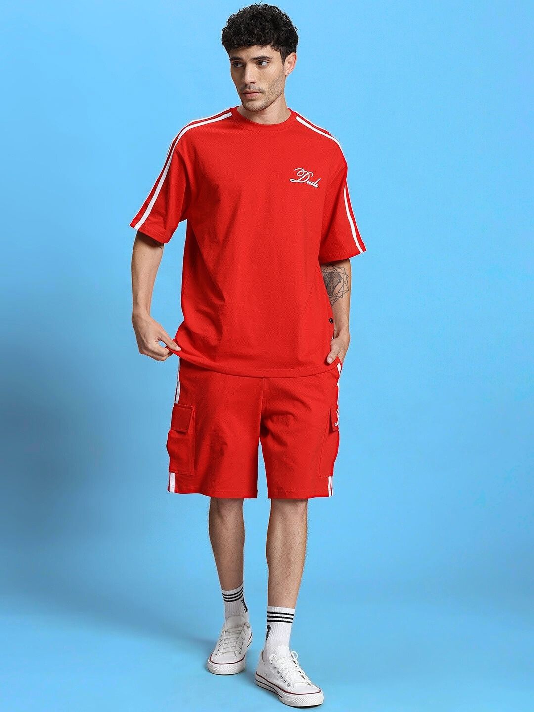 

WEARDUDS Printed Pure Cotton T-Shirt With Shorts Co-Ords, Red