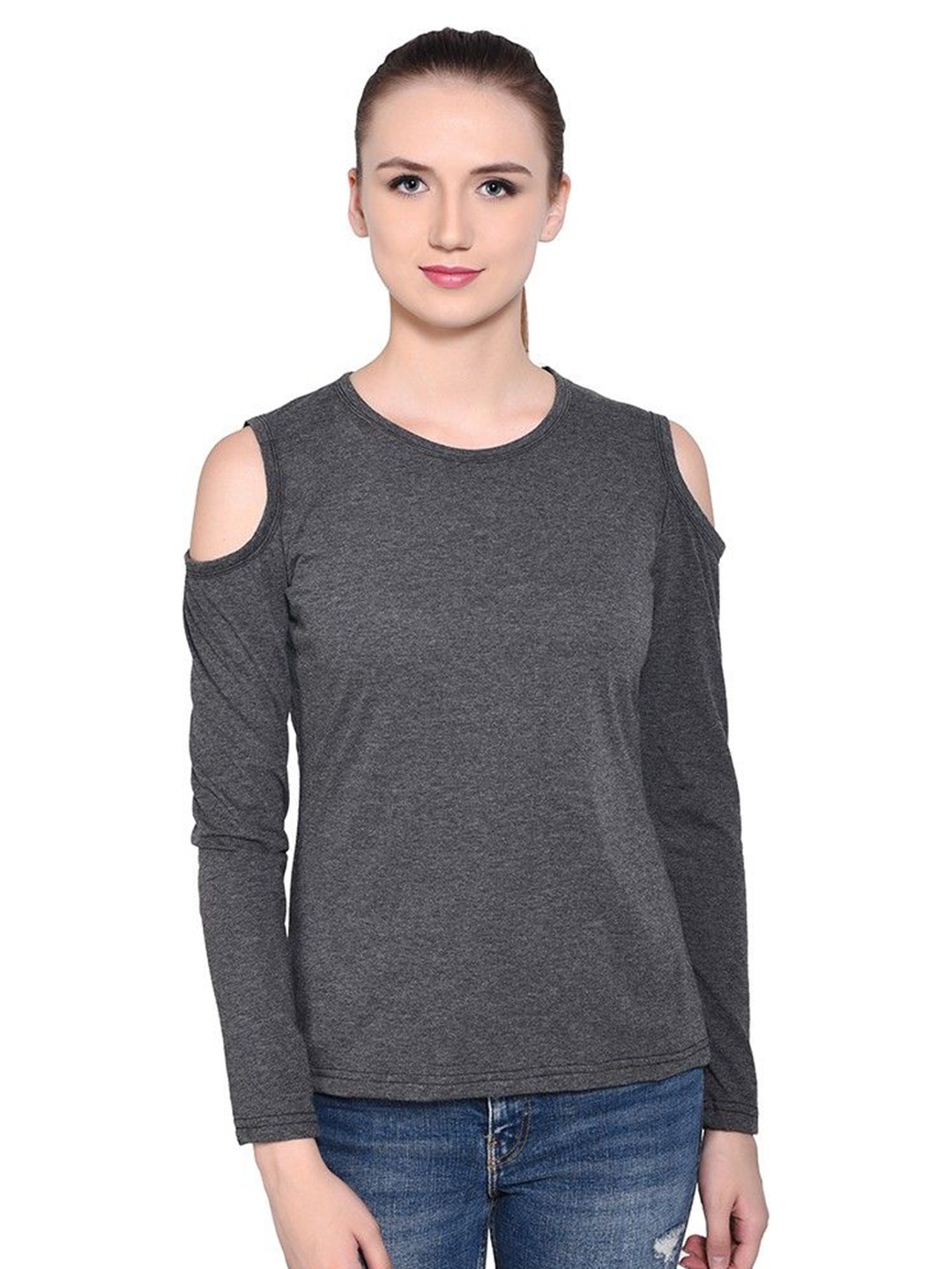 

BEYOU FASHION Women Cut Outs Slim Fit T-shirt, Grey