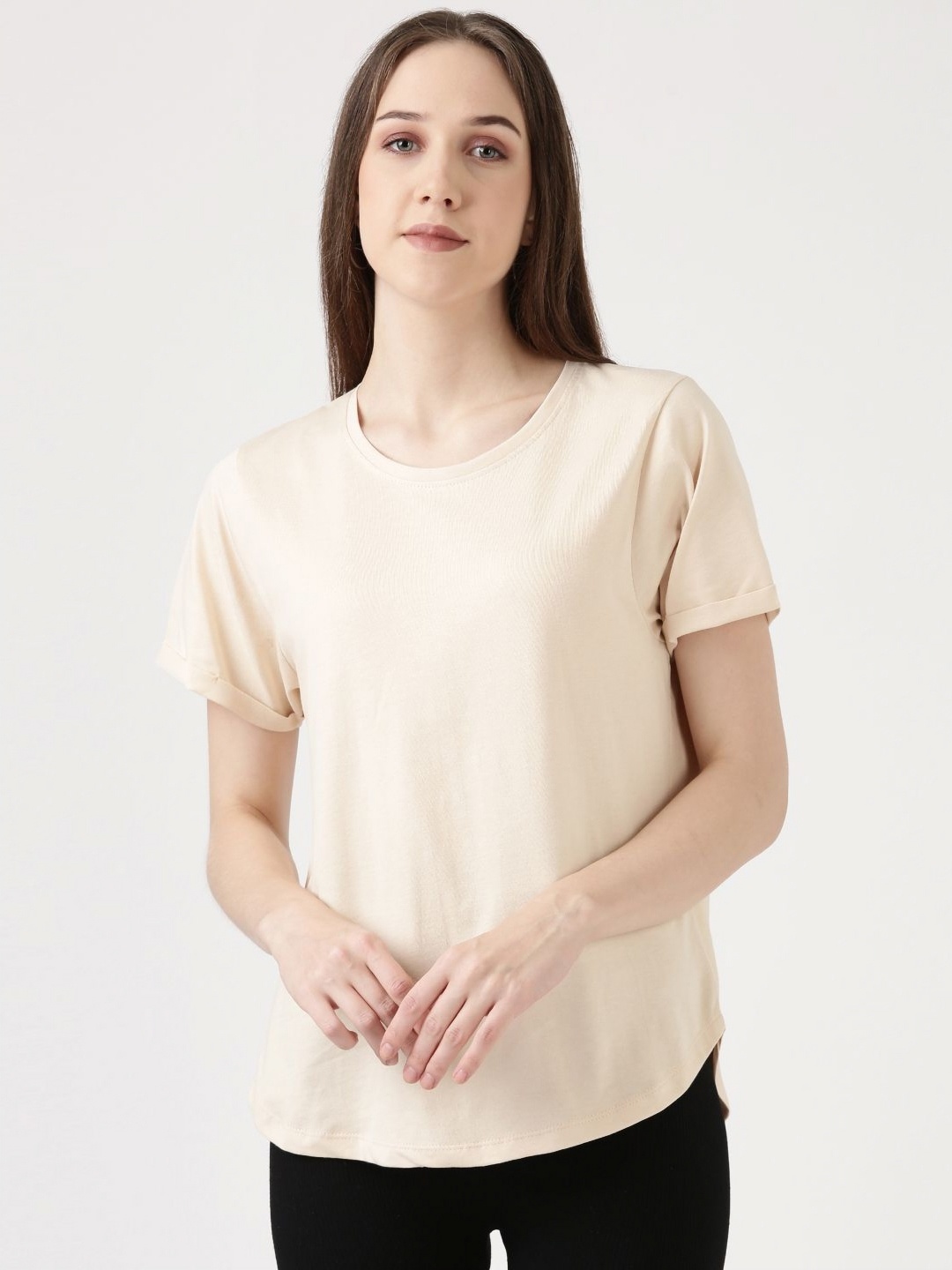 

FILMODE Women Extended Sleeves Bio Finish Cut Outs T-shirt, Beige