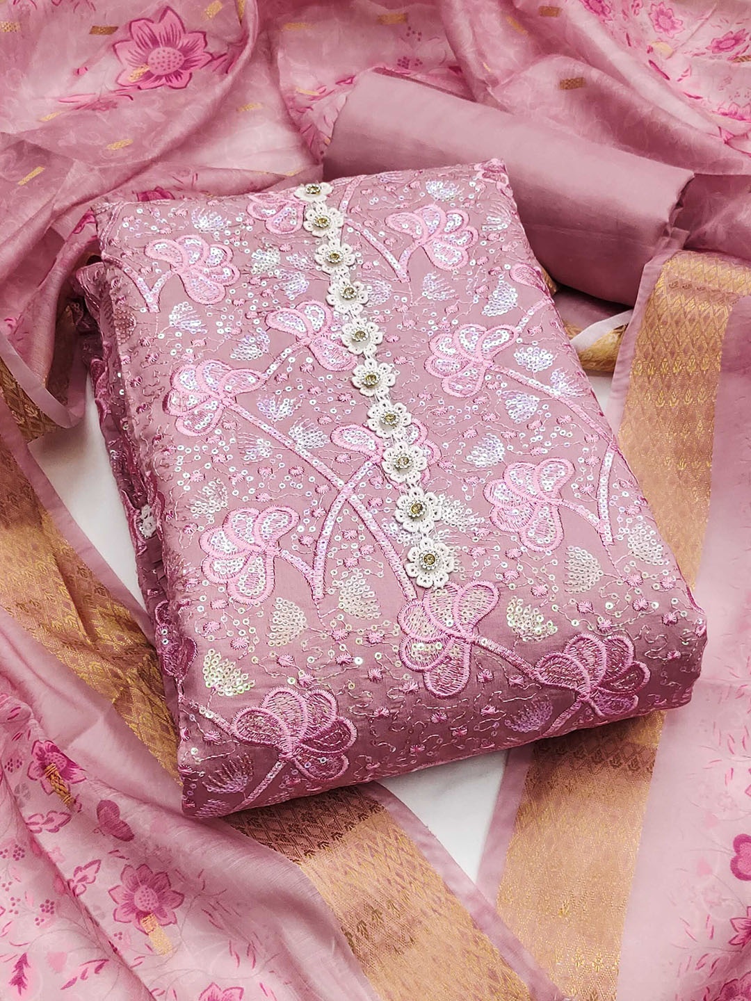 

SHADOW & SAINING Embroidered Pure Silk Semi-Stitched Dress Material, Pink