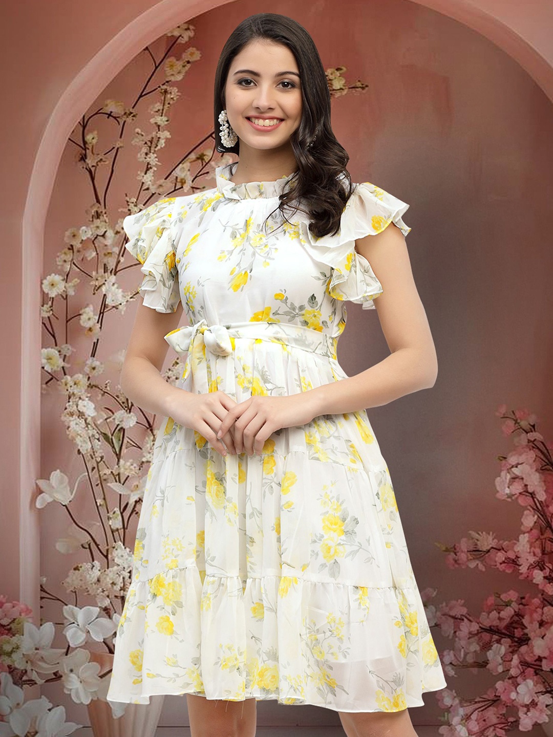 

SZN Floral Print Applique A-Line Dress, Yellow