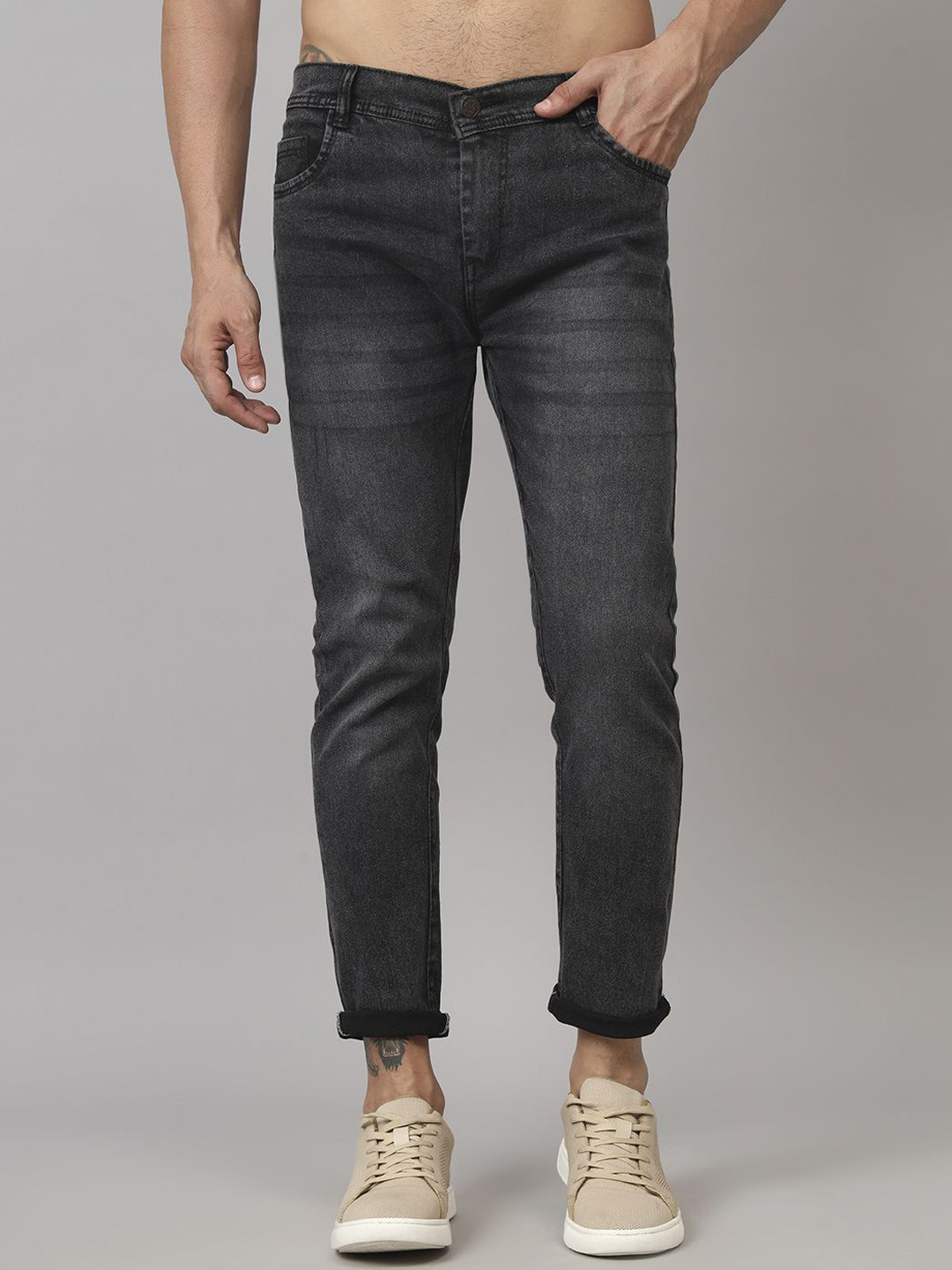 

LINARIA Men Classic Straight Fit Low Distress Light Fade Jeans, Grey