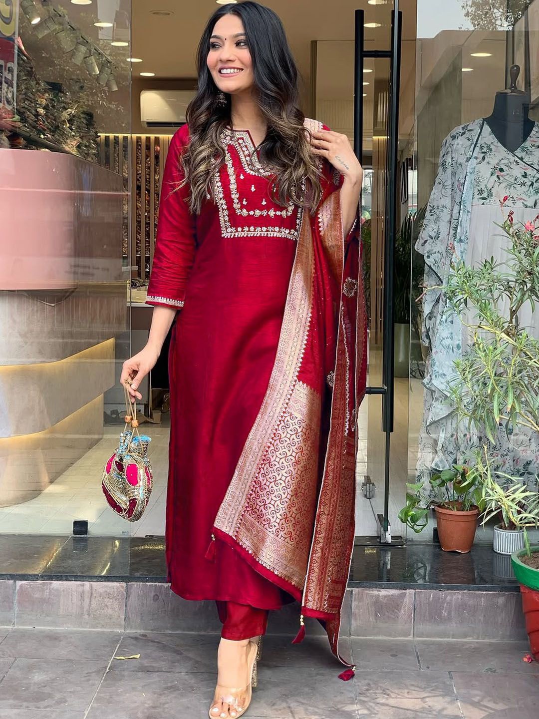 

Mitera Women Regular Thread Work Kurta with Trousers & With Dupatta, Red