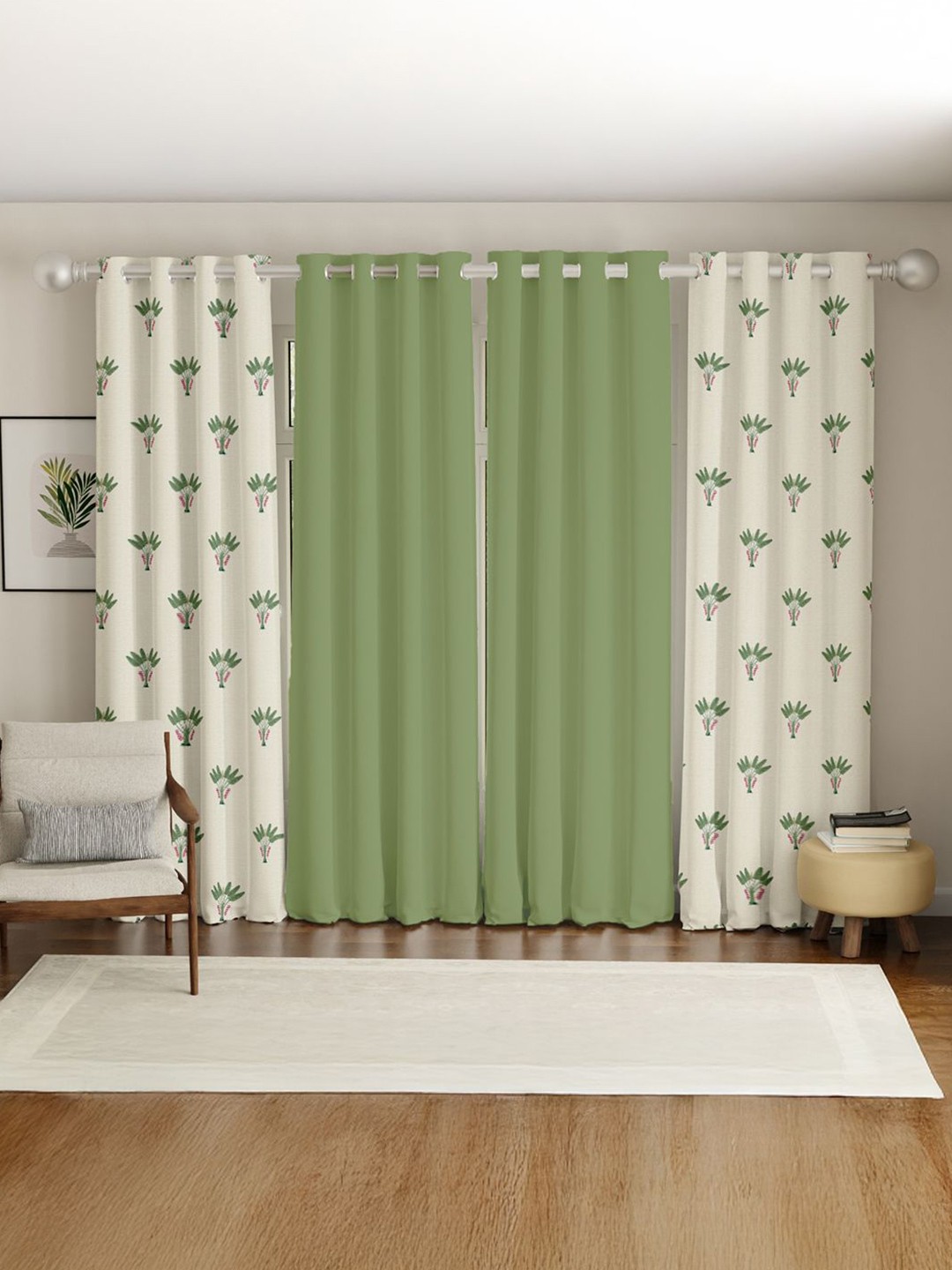 

URBAN SPACE Green & White Set of 4 Floral Long Door Curtain