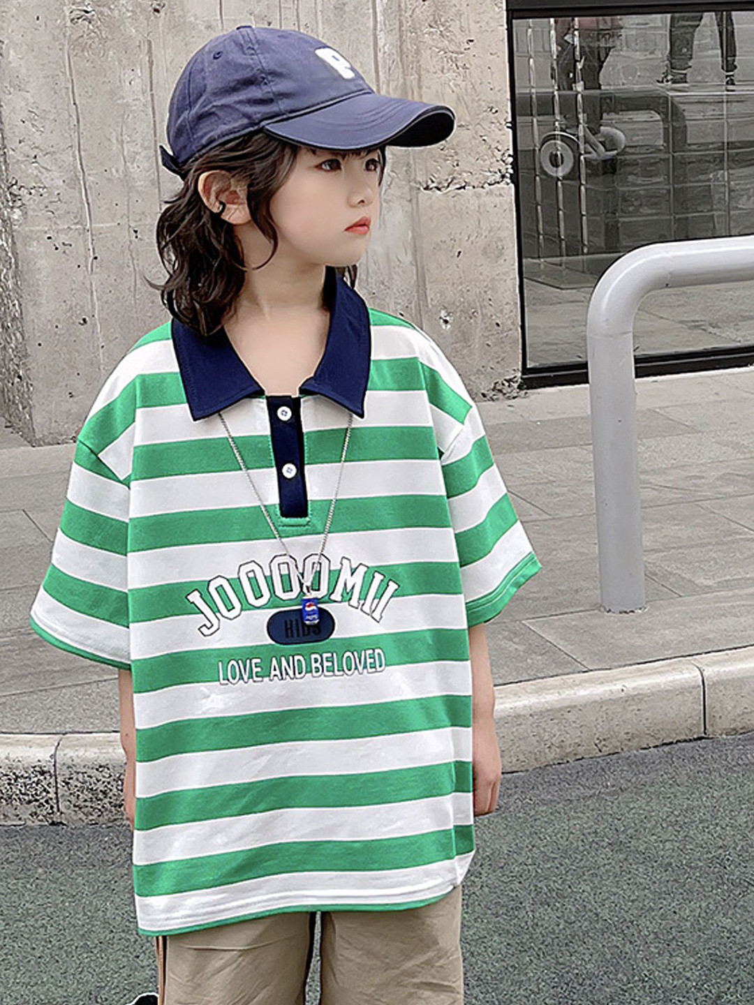

LULU & SKY Boys Striped Polo Collar Applique T-shirt, Green
