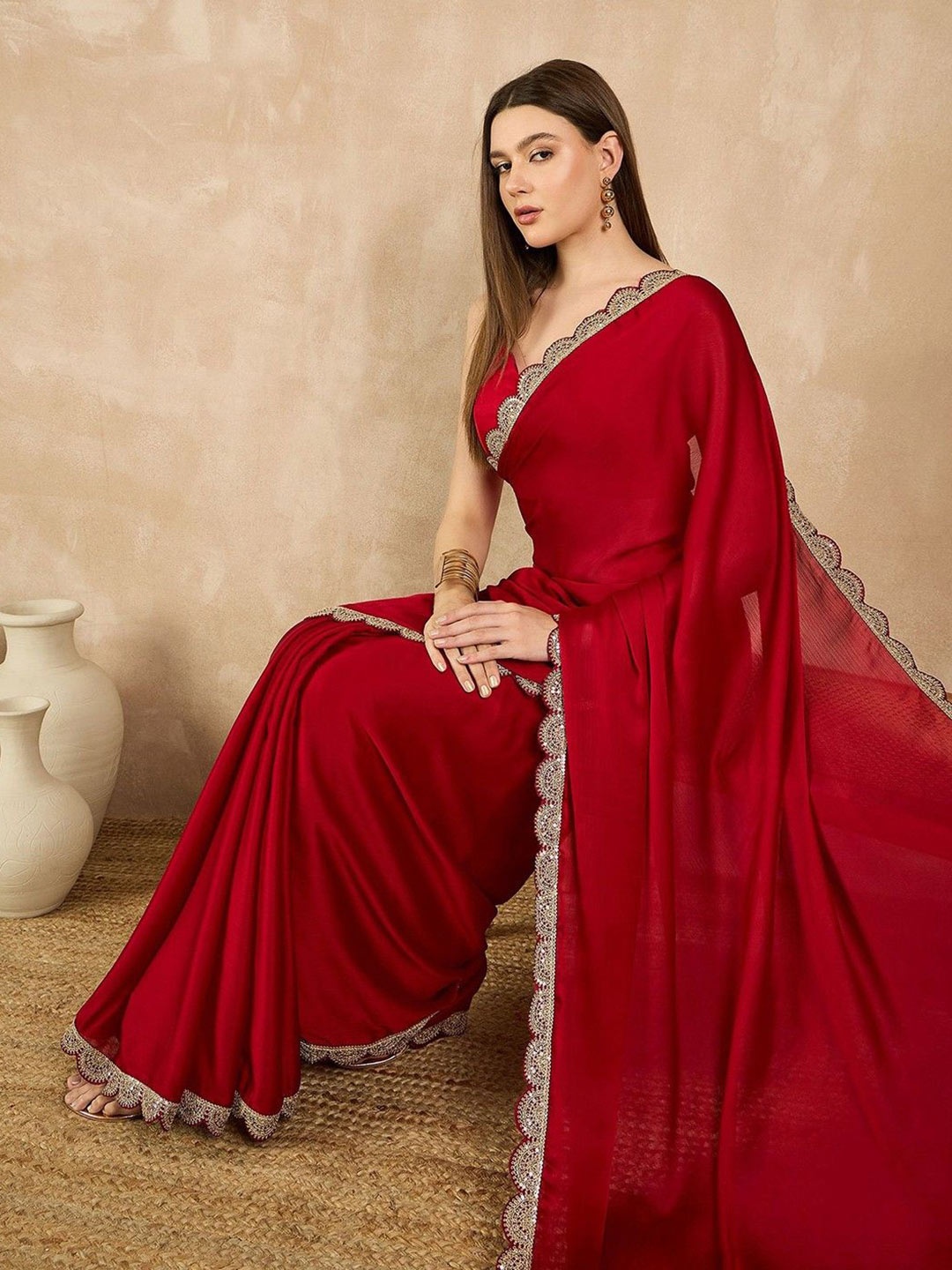 

Ekasya Embroidered Satin Saree, Red