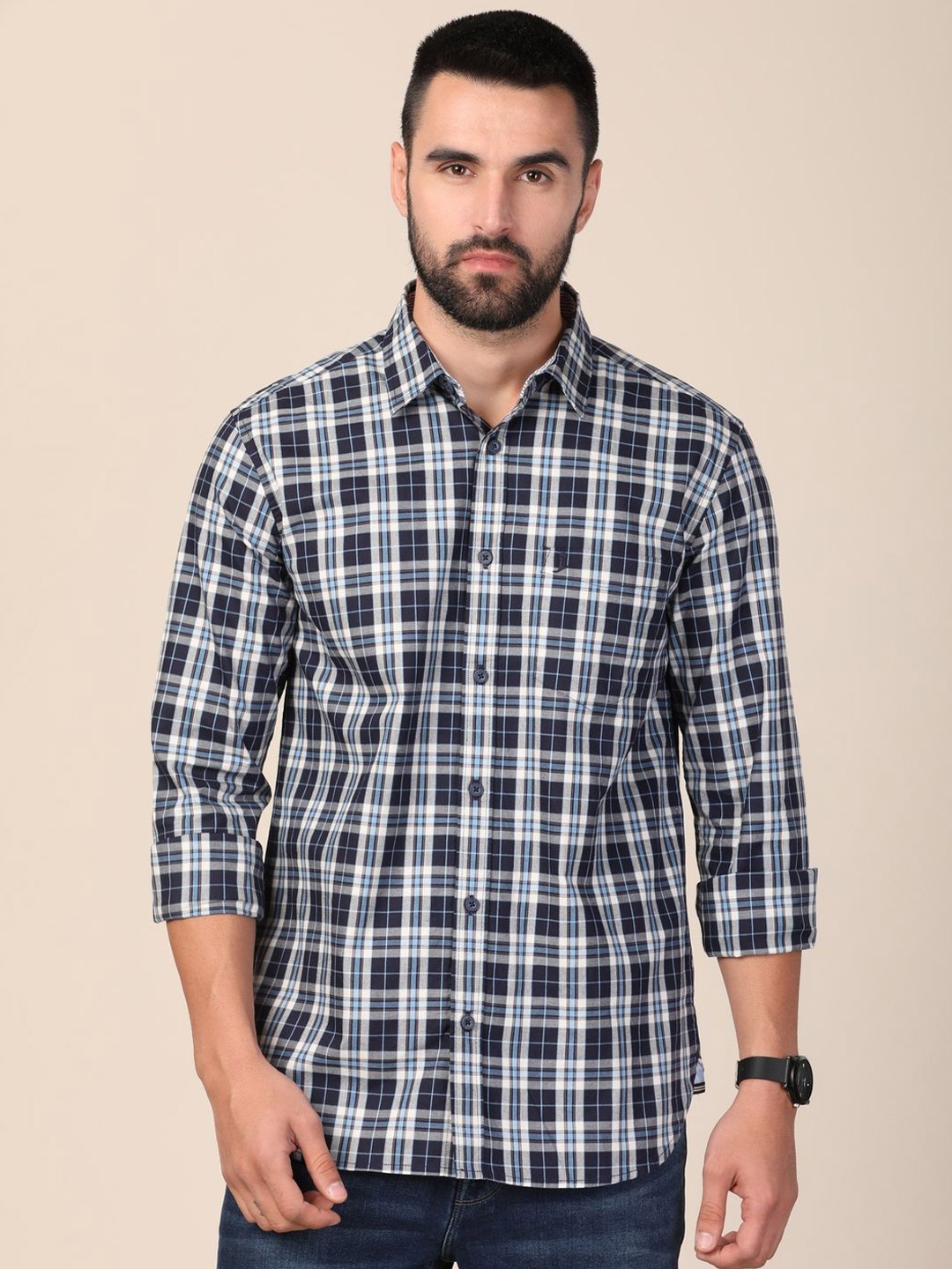 

MERCHANT MARINE Men Standard Slim Fit Tartan Checks Sheer Checked Casual Shirt, Navy blue