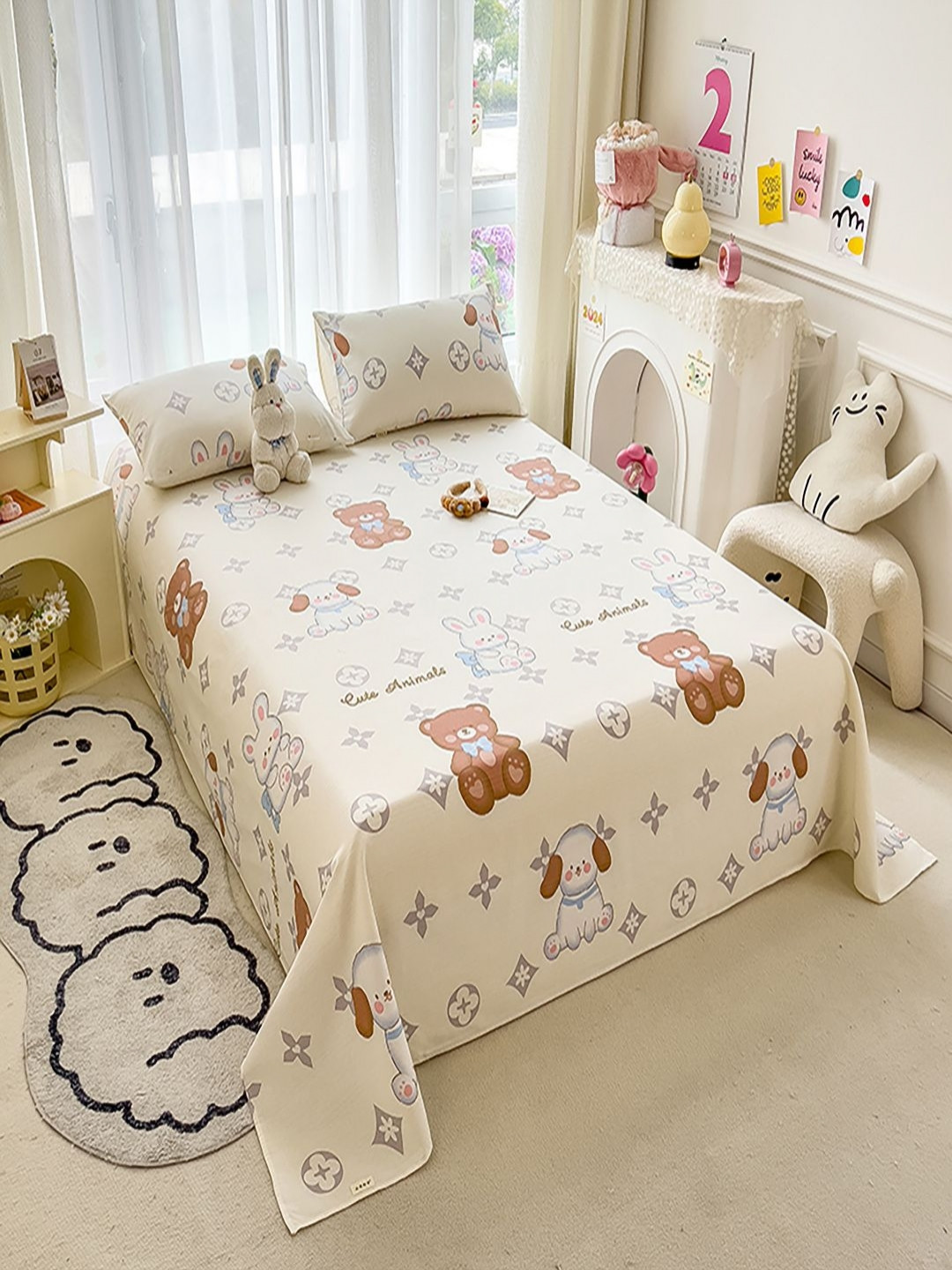 

JC HOME White & Blue Graphic 140 TC King Bedsheet with 2 Pillow Covers