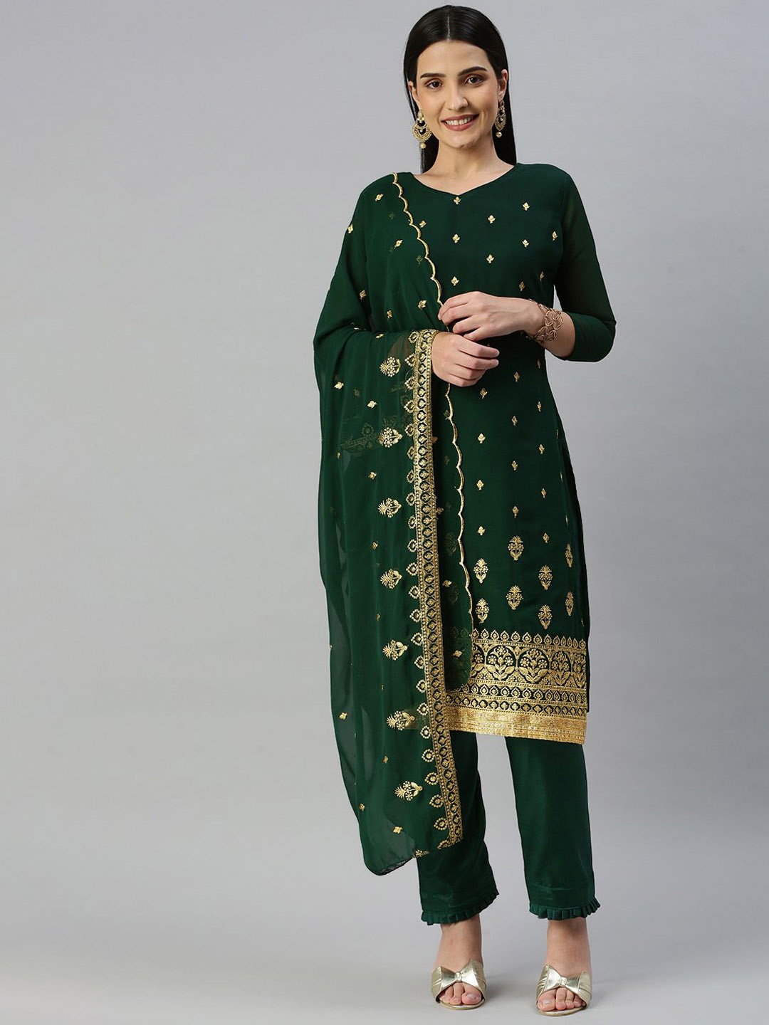 

SHADOW & SAINING Embroidered Silk Georgette Semi-Stitched Dress Material, Green