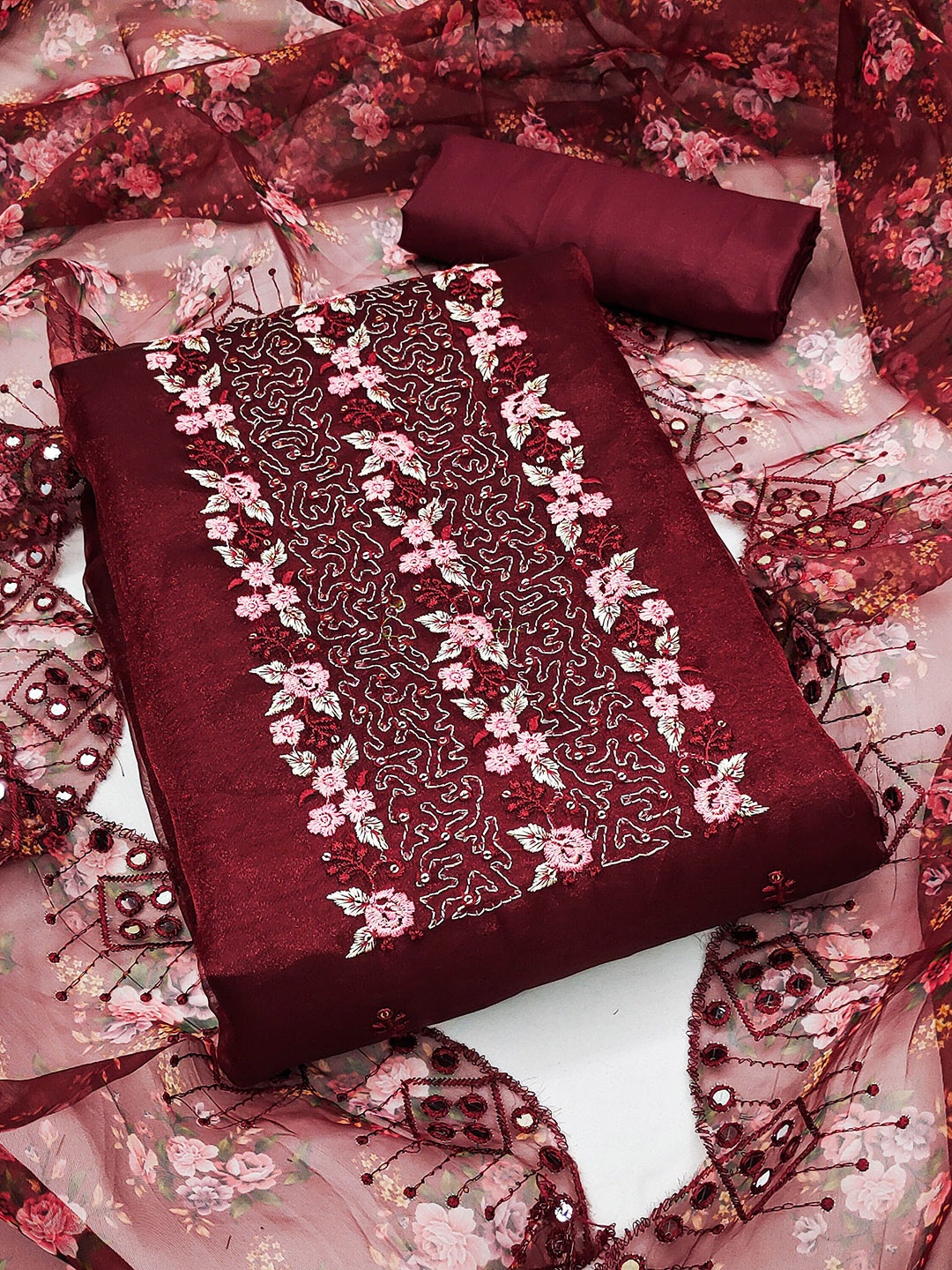 

SHADOW & SAINING Embroidered Organza Unstitched Dress Material, Maroon