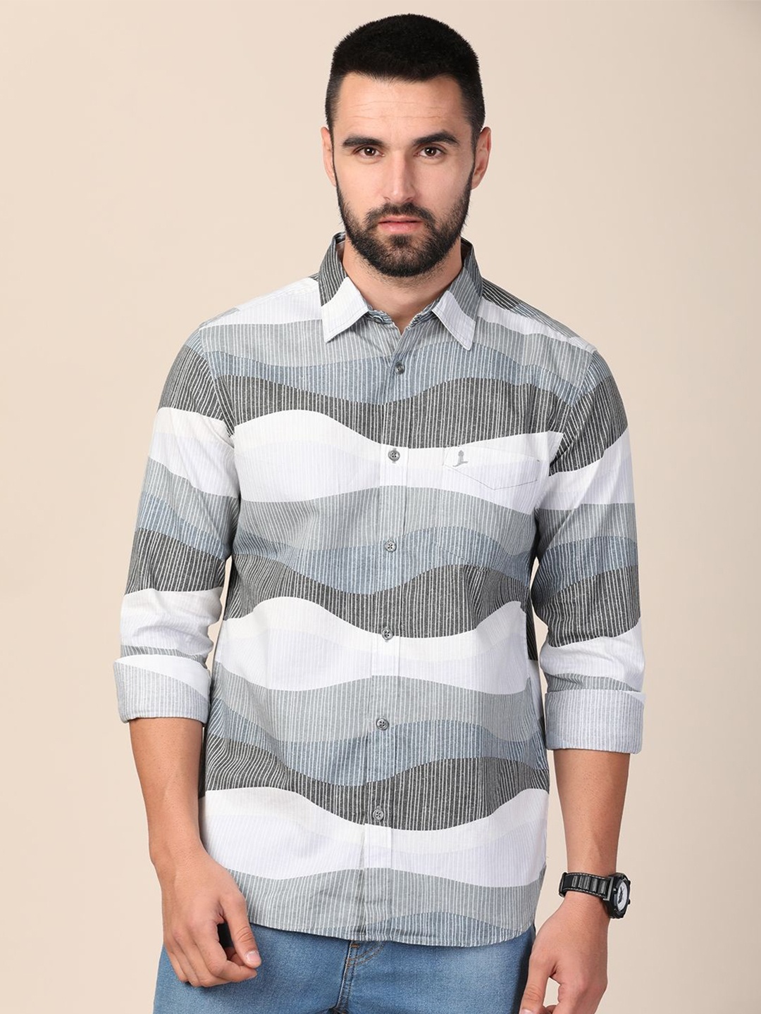 

MERCHANT MARINE Men Standard Slim Fit Horizontal Stripes Sheer Printed Casual Shirt, Grey