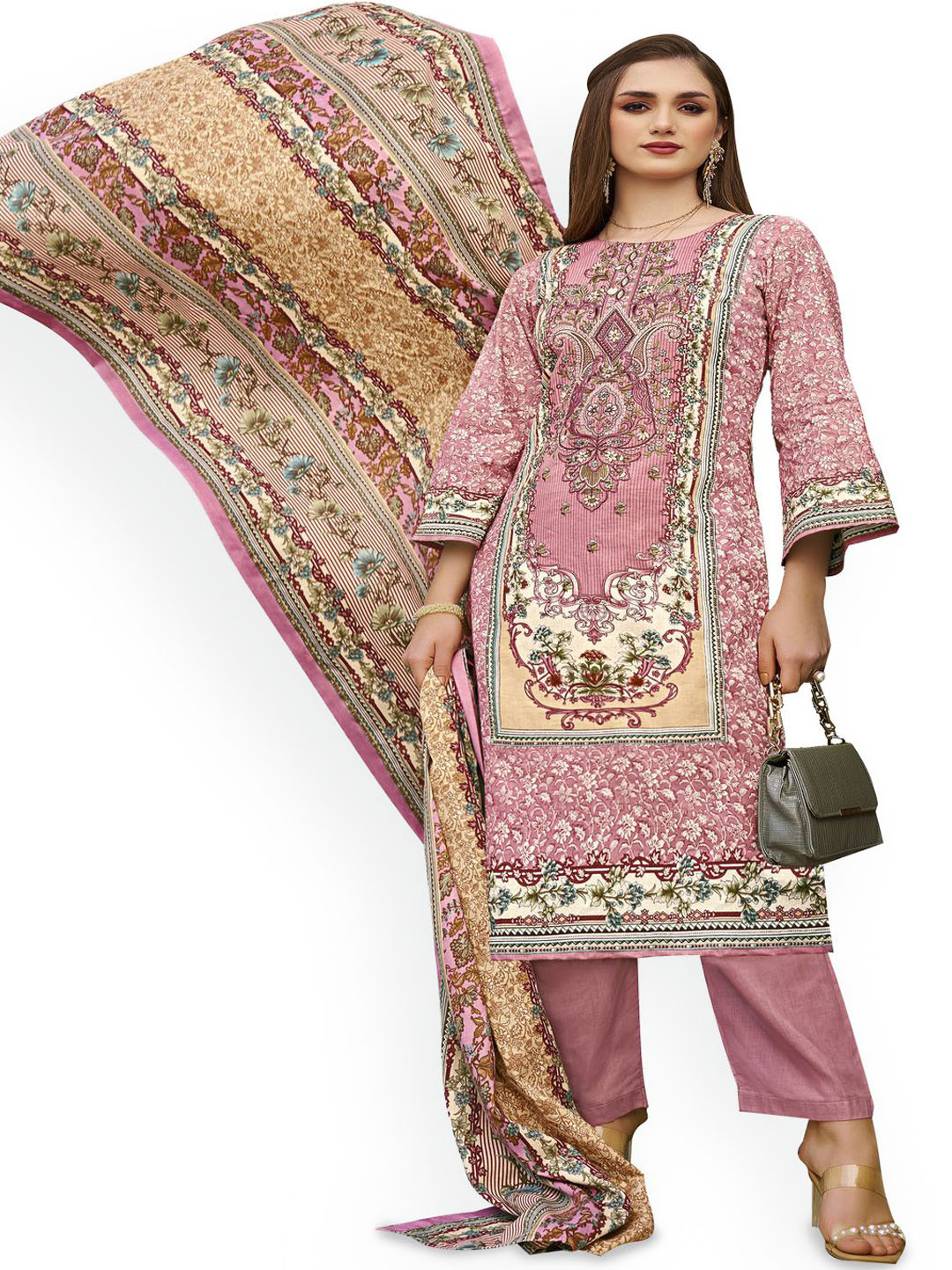 

DRAVINAM Trends Embroidered Pure Cotton Unstitched Dress Material, Pink