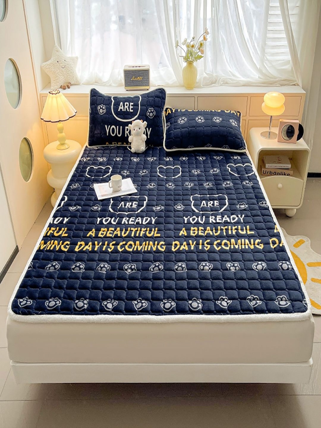 

JC HOME Navy Blue & Yellow Typography 150 TC Single Bedsheet with 1 Pillow Covers