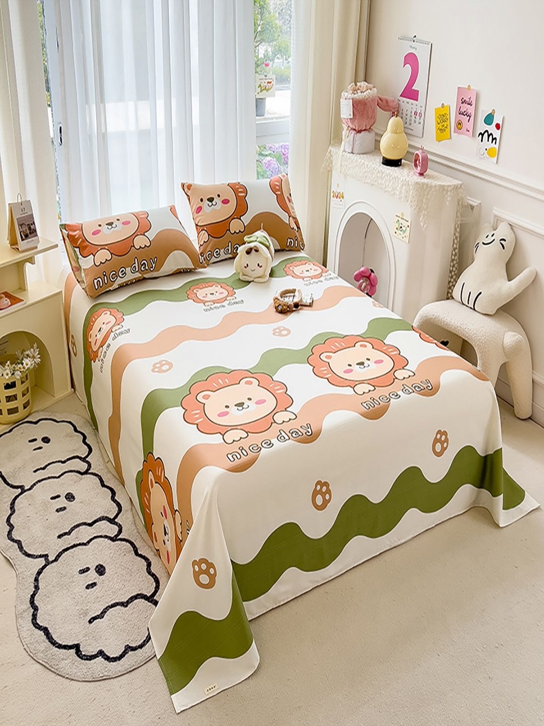

JC HOME Cream-Coloured & Brown Cartoon Characters 140 TC Single Bedsheet with 1 Pillow Covers