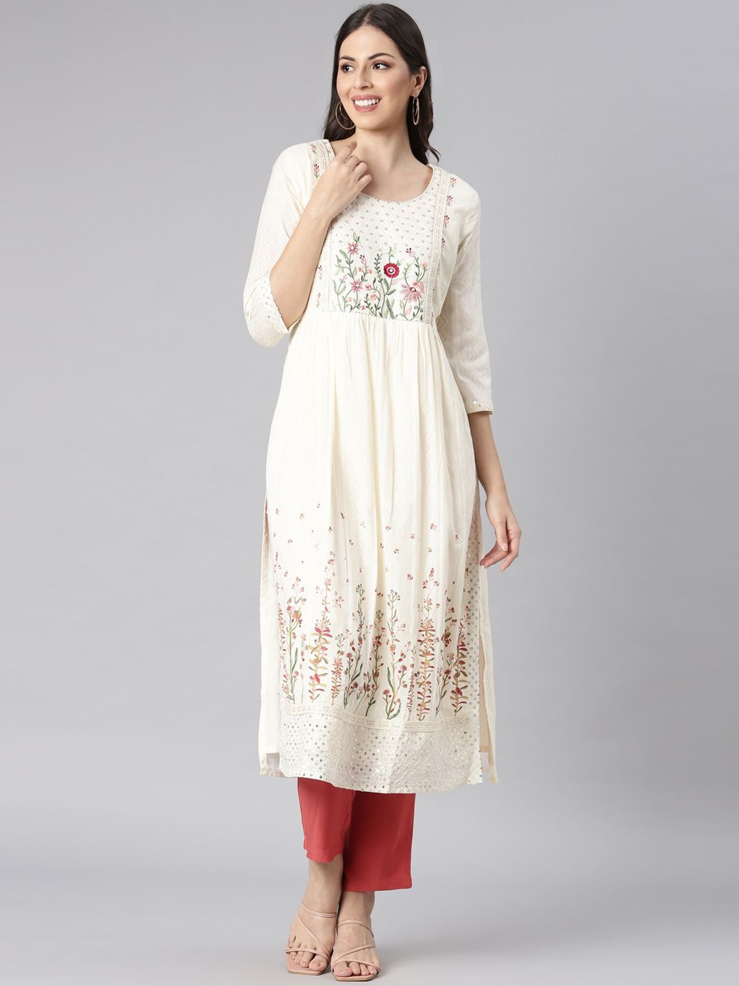 

Neerus Women Embellished Kurta, Cream