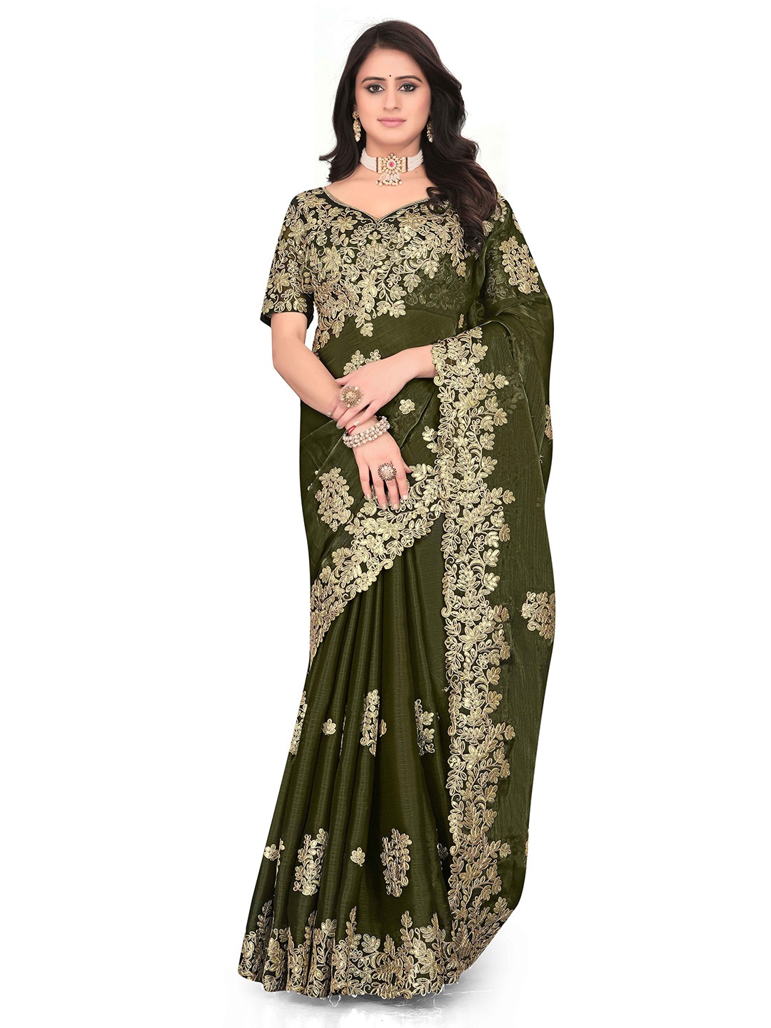 

Avirat Designer Studio Ethnic Motifs Sequinned Banarasi Saree, Green