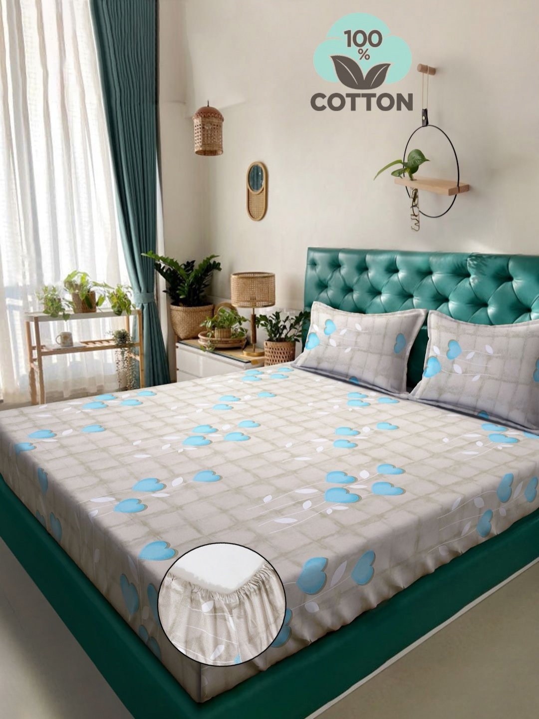 

Myntra Elegant Homes Beige & Turquoise Blue Floral 400 TC King Bedsheet with 2 Pillow Covers