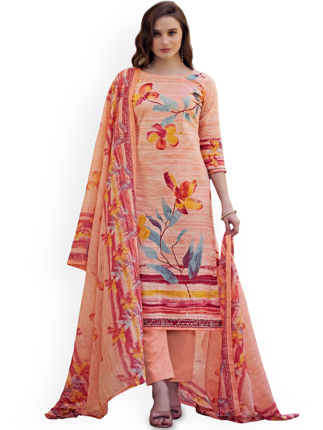

DRAVINAM Trends Printed Pure Cotton Unstitched Dress Material, Orange
