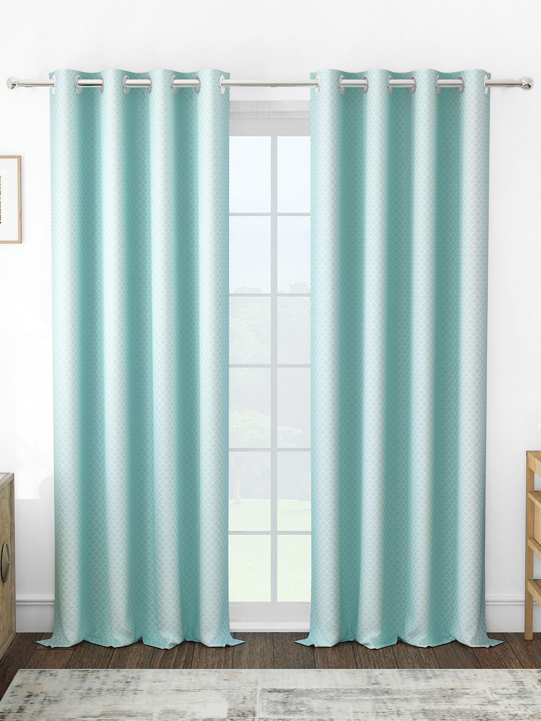 

Story@home Turquoise Blue & White Set of 2 Geometric Room Darkening Long Door Curtain
