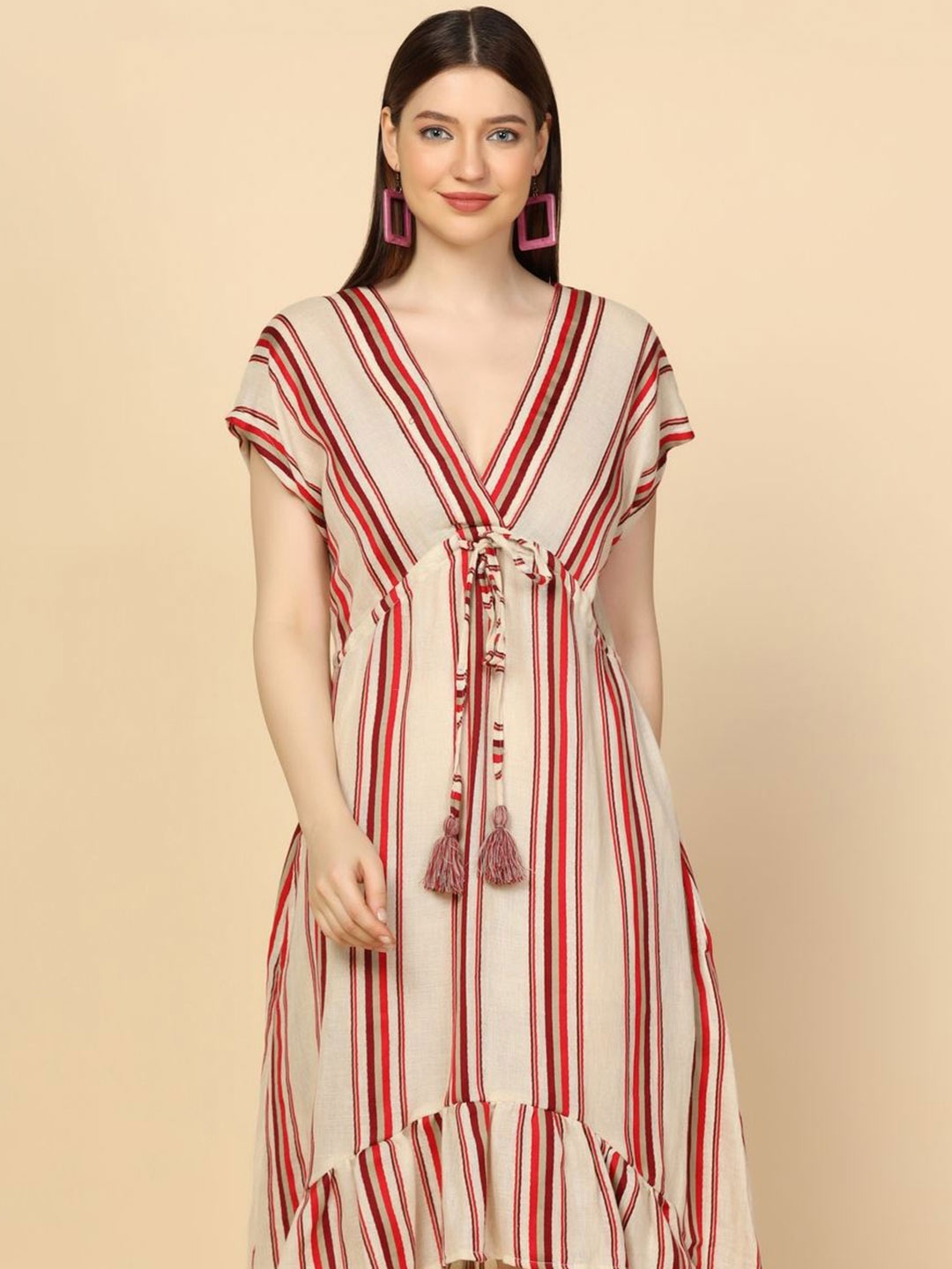 

ECO LEAS BY SHIPRA Striped Linen A-Line Midi Dress, Beige