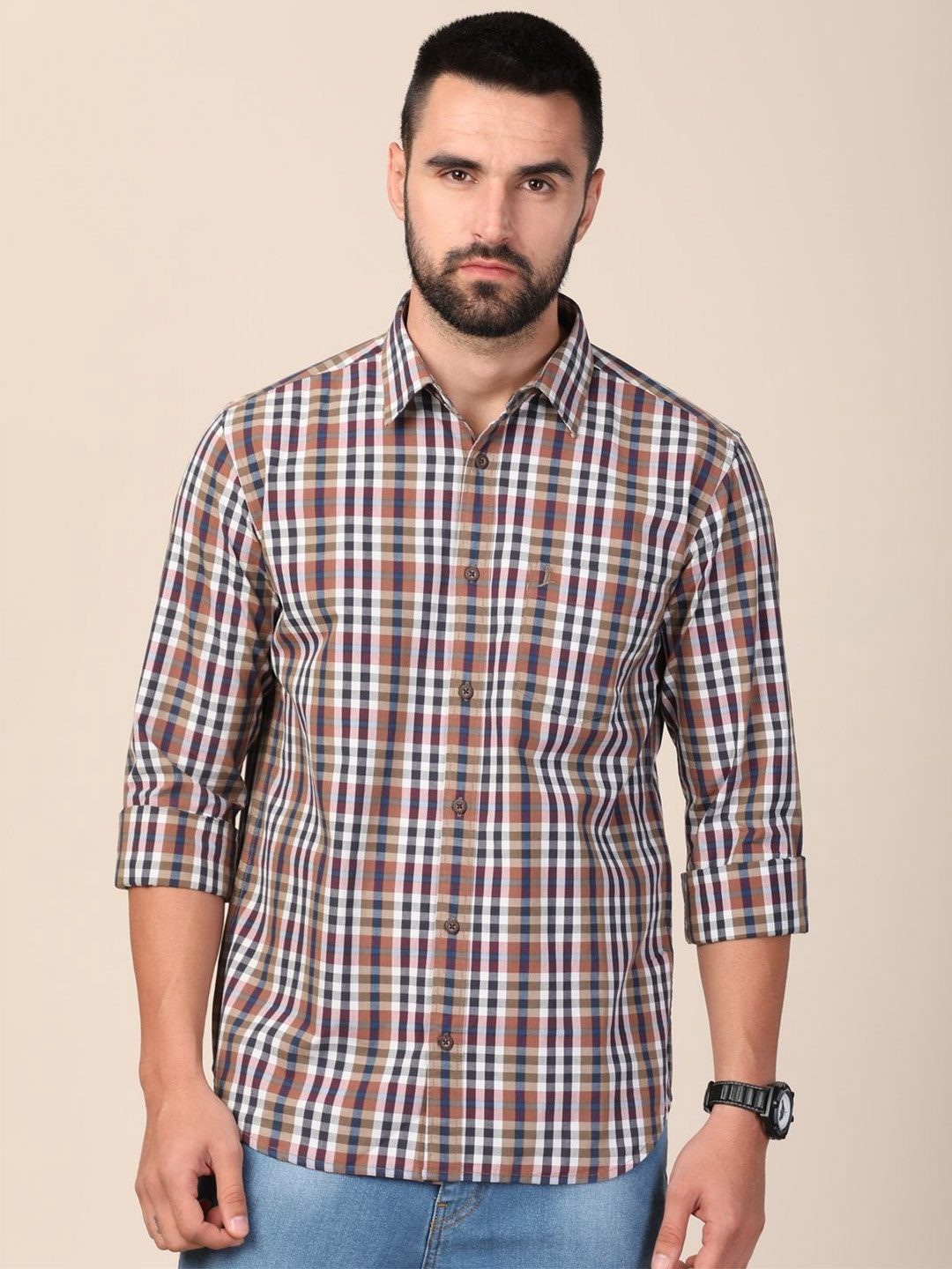 

MERCHANT MARINE Men Standard Slim Fit Tartan Checks Sheer Checked Casual Shirt, Brown