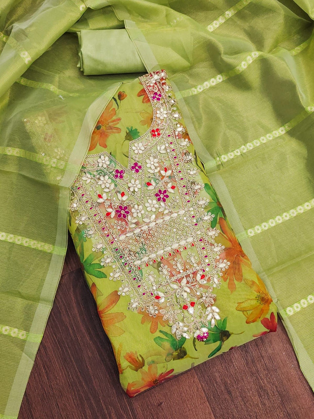 

BlissFlair Organza Unstitched Dress Material, Green