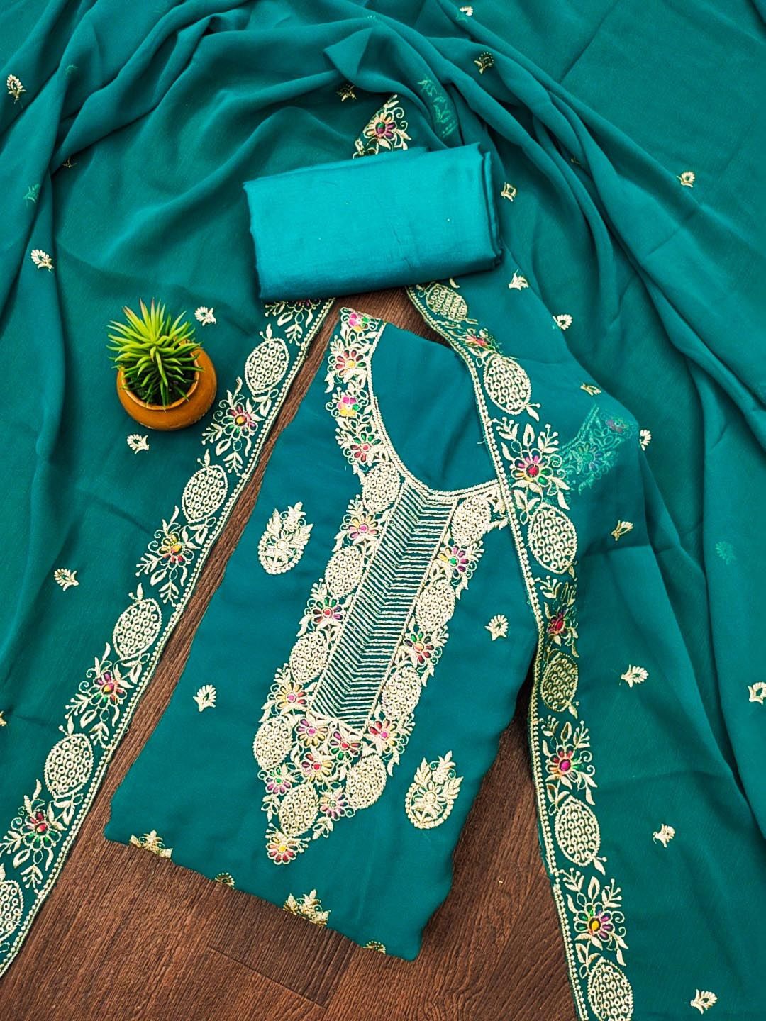

SHADOW & SAINING Floral Embroidered Silk Georgette Unstitched Dress Material, Sea green