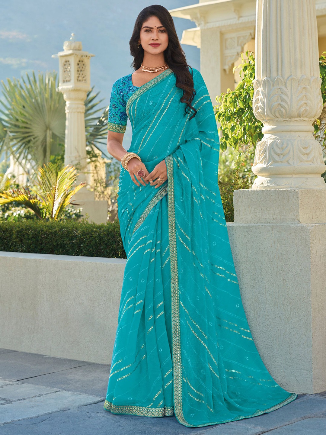 

Laxmipati Striped Poly Chiffon Saree, Blue