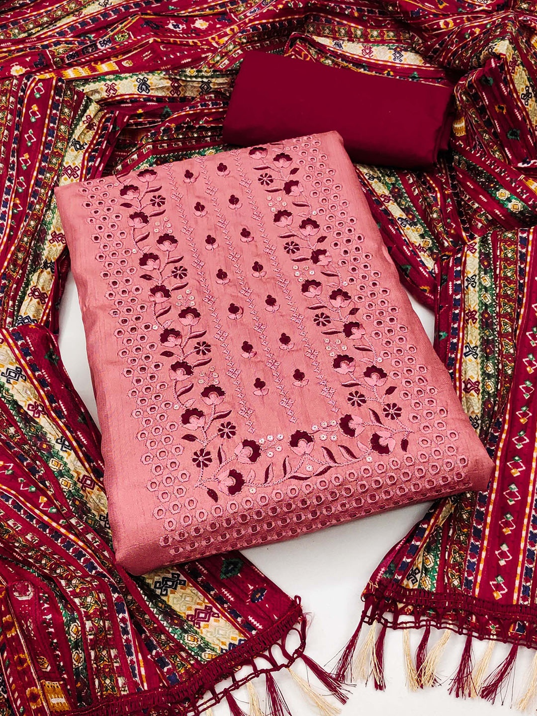 

SHADOW & SAINING Embroidered Unstitched Dress Material, Rust