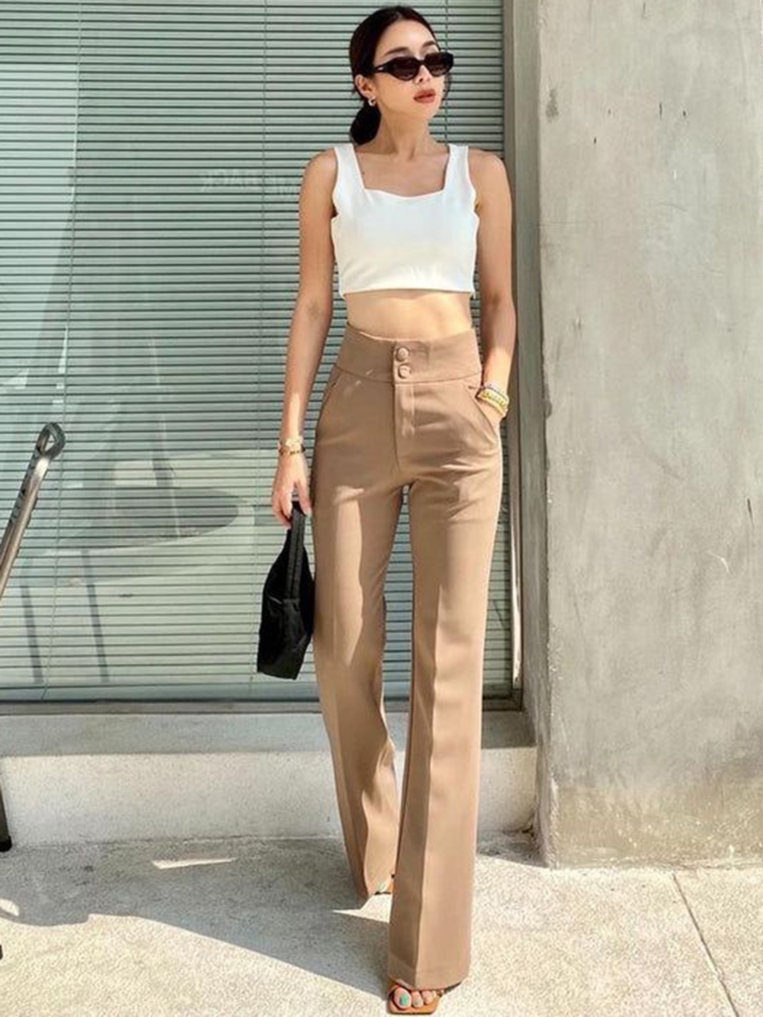 

HIGH BUY Women Relaxed Loose Fit High-Rise Trousers, Beige