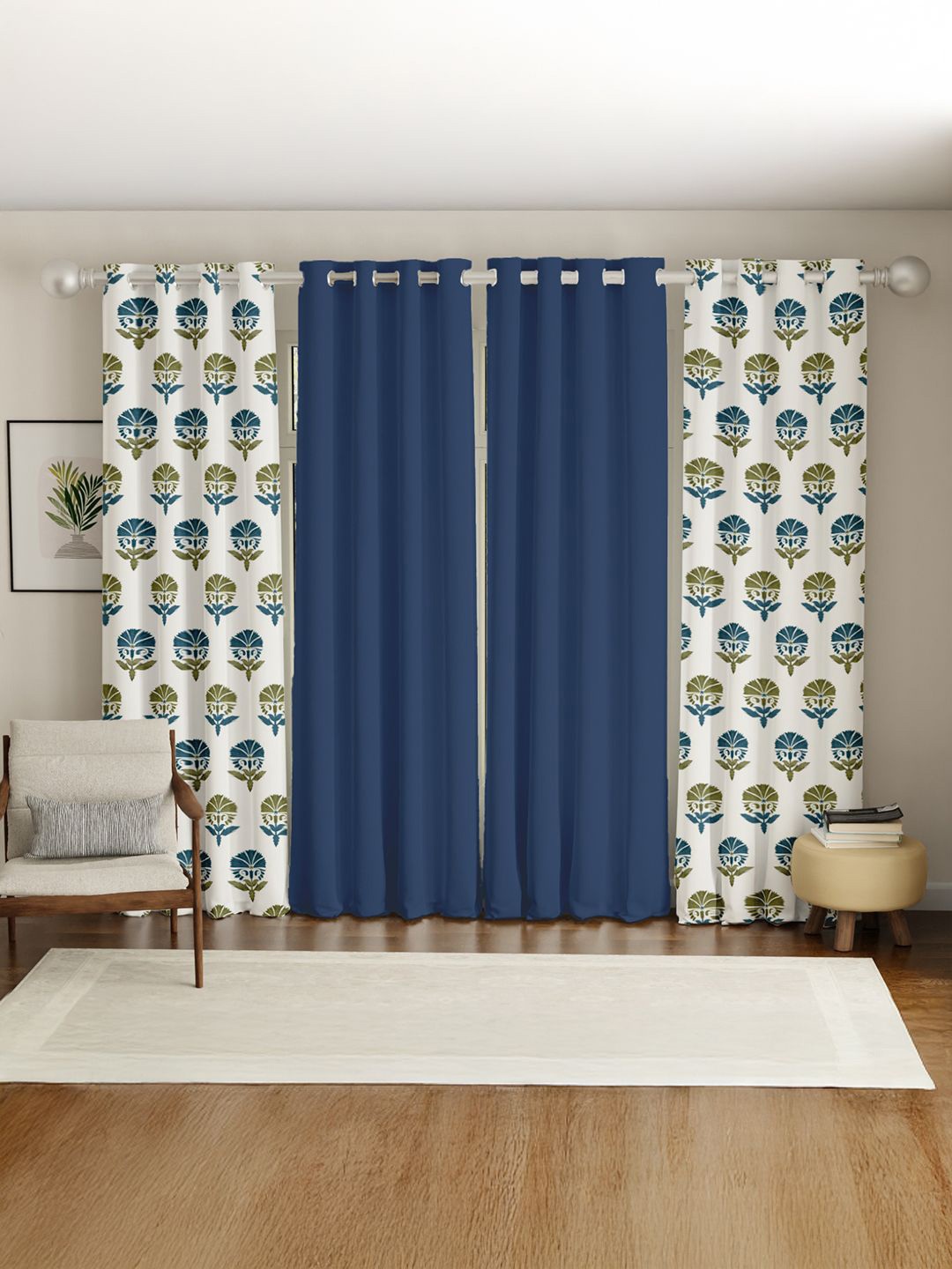

URBAN SPACE Blue & White Set of 4 Floral Long Door Curtain