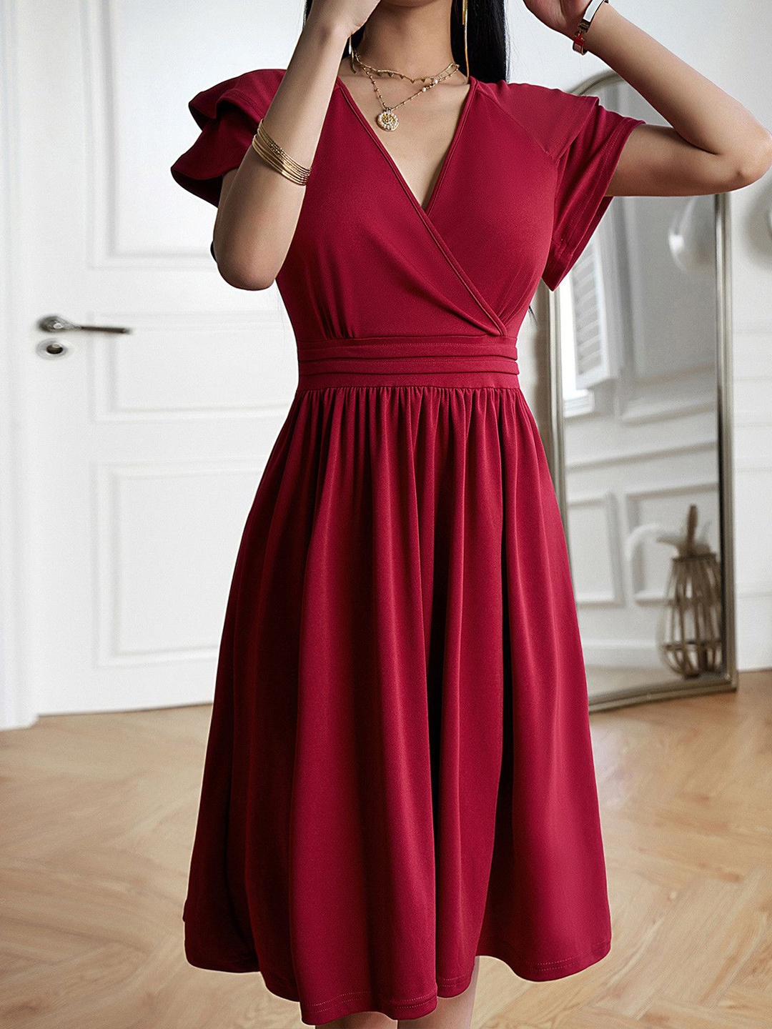 

The Roadster Lifestyle Co V-Neck Flared Dress, Red