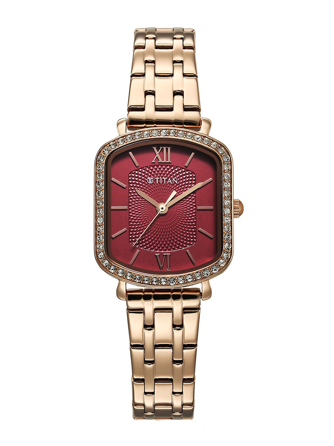 

Titan Women Embellished Dial & Stainless Steel Bracelet Style Straps Analogue Watch 95323WM01, Red