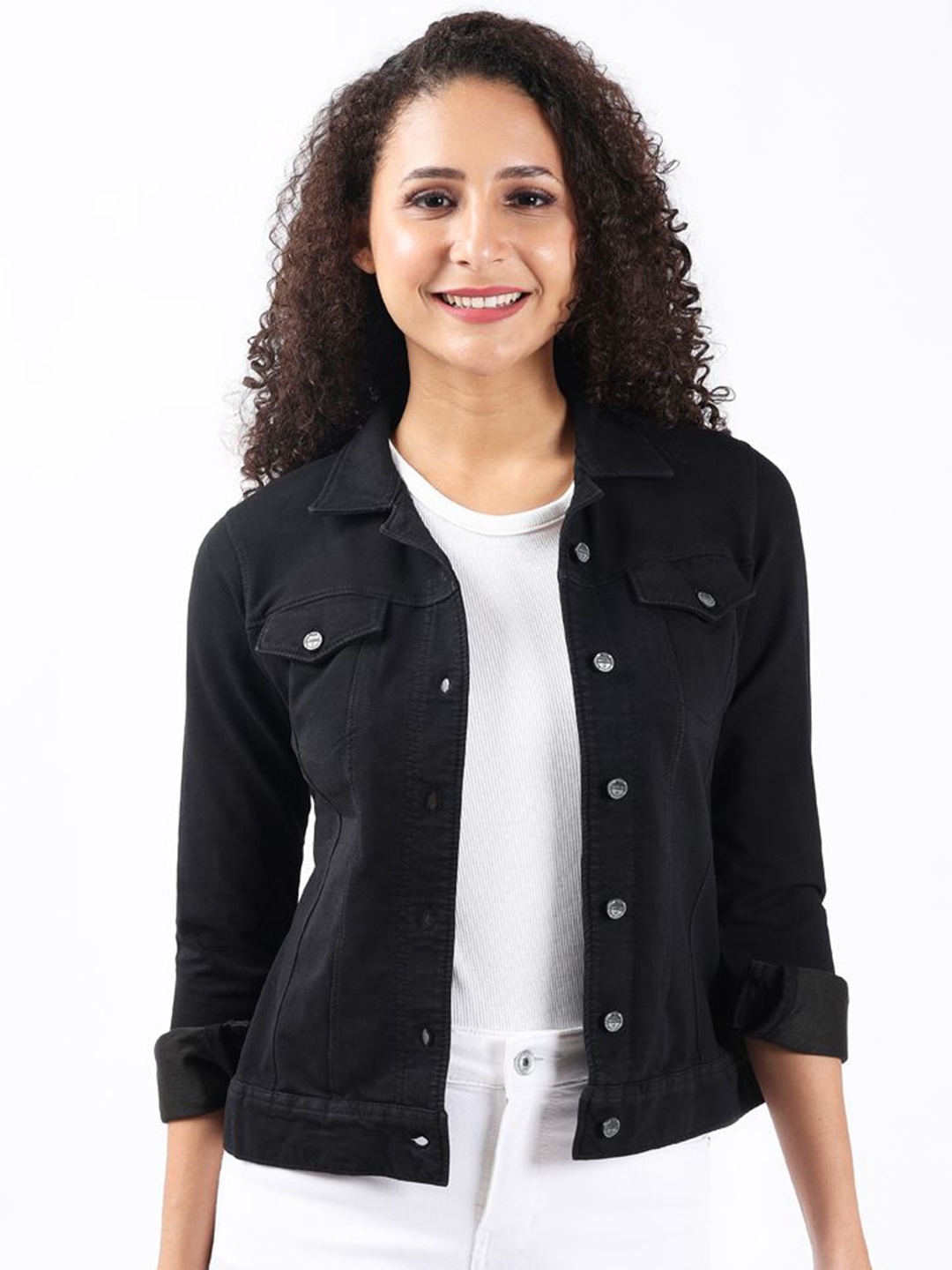 

Bonnaty Women Washed Cotton Crop Denim Jacket, Black
